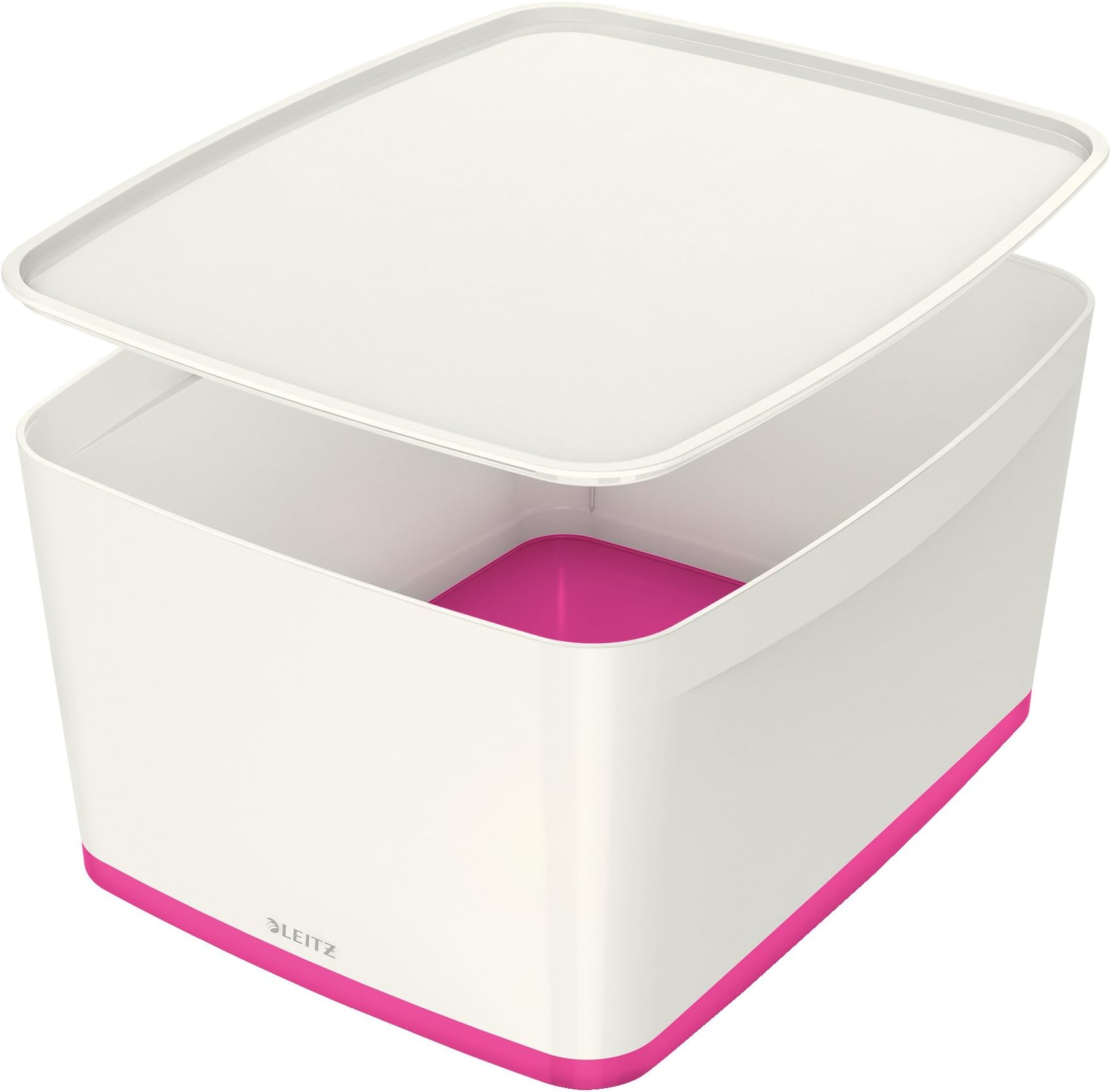 Leitz A4 MyBox Large with Lid, Storage Box for Home and Office, 18 L, High Gloss, Plastic, White/Pink Metallic;MyBox