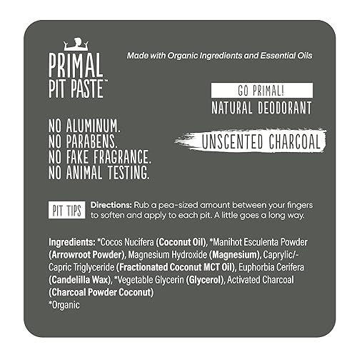 Miniatura 3 de Primal Pit Paste Desodorante natural sin aluminio con carbón, sin bicarbonato de sodio, carbón sin perfume (paquete de 1) Respetuoso con la piel