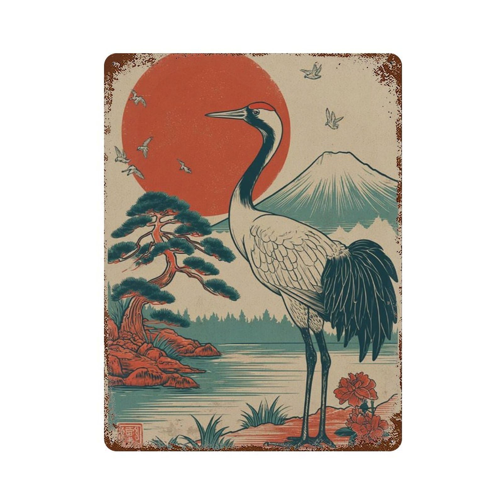 xiaoxiaoshen Japanese Crane Mount Fuji Red Sun Landscape Asian Nature Wall Decor Art Metal Tin Poster Modern Home Decor Art Home Bar Shop Decorations Vintage Sign 40x30cm