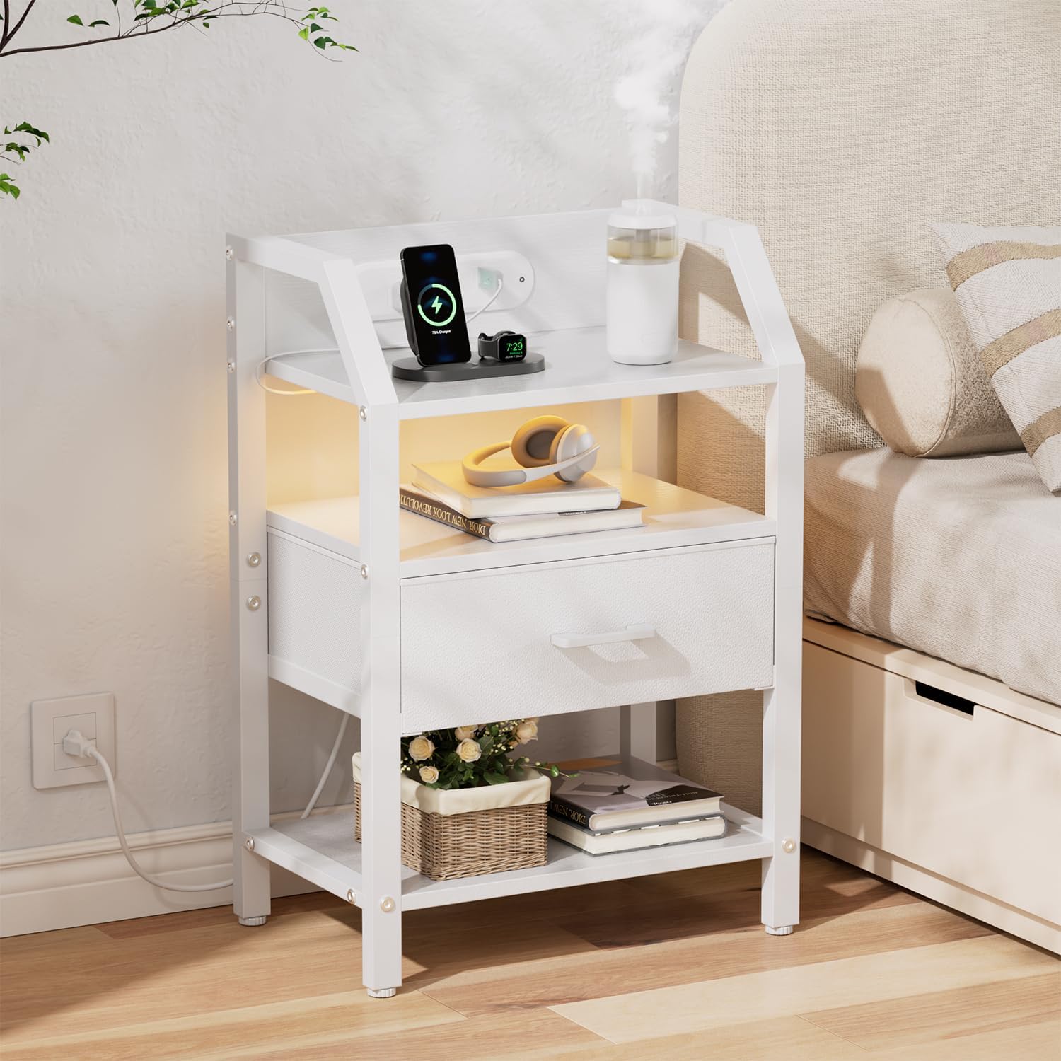 HLDIRECT Nightstand with Charging Station, LED Night Stand with Fabric Drawer & Storage Shelves, Bedside Table with USB Ports and Outlets for Bedroom, End Table (White)