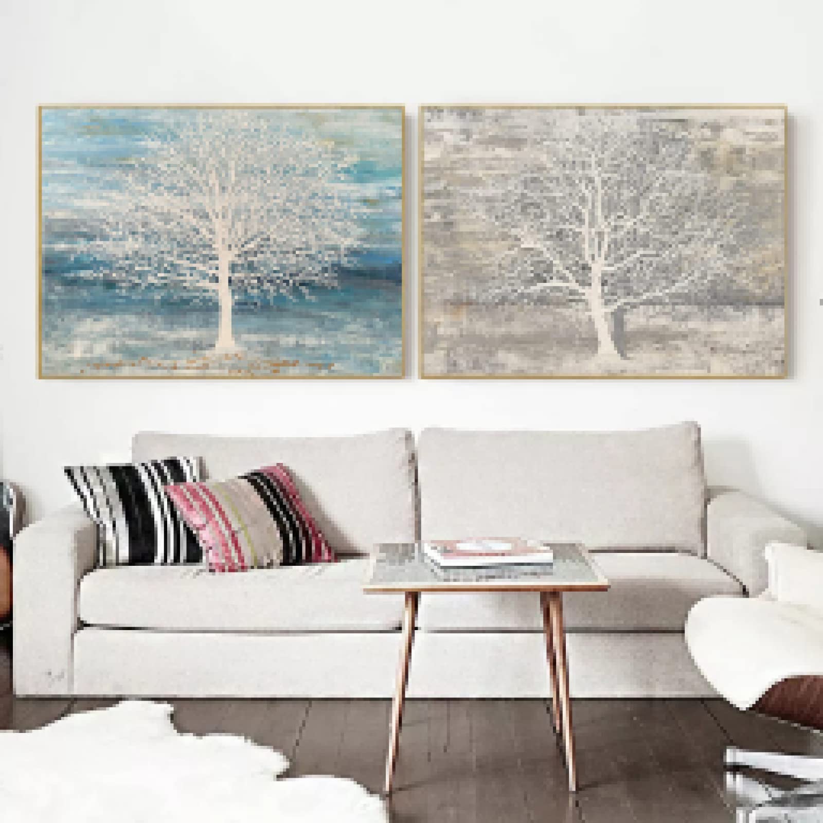 Abstrakter Baum Leinwandbild, 3-teilig, In Blau & Silber – Handbemalt, Strukturiert – Für Wohnzimmer, Schlafzimmer & Büro