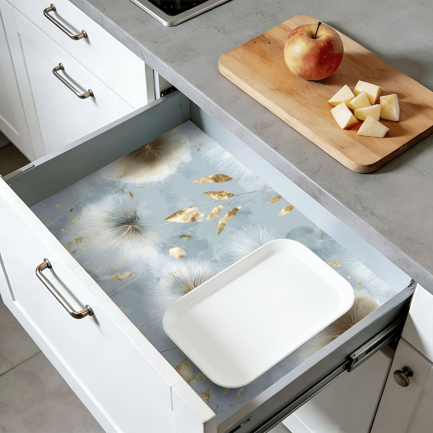 Rivestimento autoadesivo per mensole e armadietti, motivo floreale delicato con dente di leone, blu, morbido, autoadesivo, 45 cm x 3 m, carta da parati per armadi da cucina e cassetti
