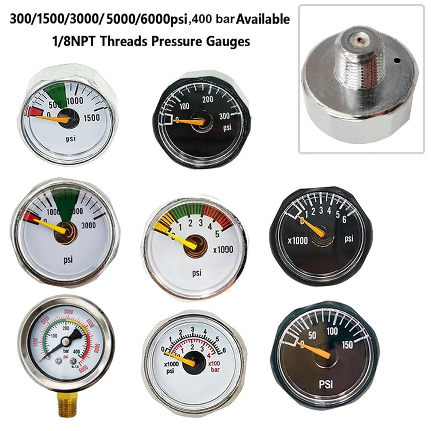 PVC Air Pressure Gauge 150 PSI 300 PSI 1500 PSI 3000 PSI 5000 PSI Or 6000 PSI Capability 1/8 NPT Threaded Connector 1Pcs(150PSI)