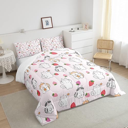Miniatura 4 de Feelyou Juego de edredón con estampado de gatos, juego de ropa de cama de cachorros y gatos, bonito edredón con estampado de gatitos, juego de