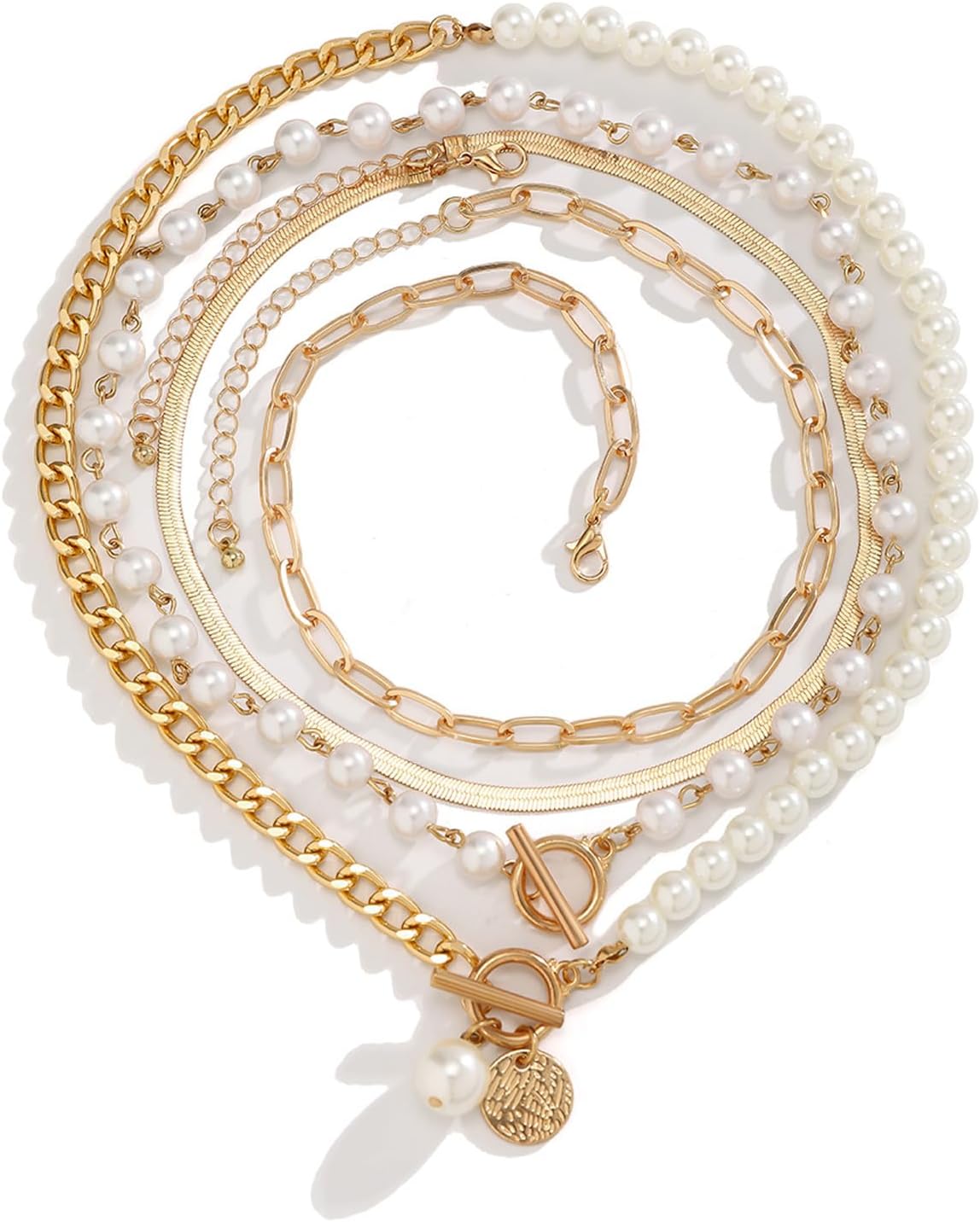 Layered Chunky Pearl Necklace Set for Women,14K Gold Stack Paper Clip Chain Pendant OT Choker,Vintage Snake Link Necklace Birthday Jewelry Accessories - Image 7