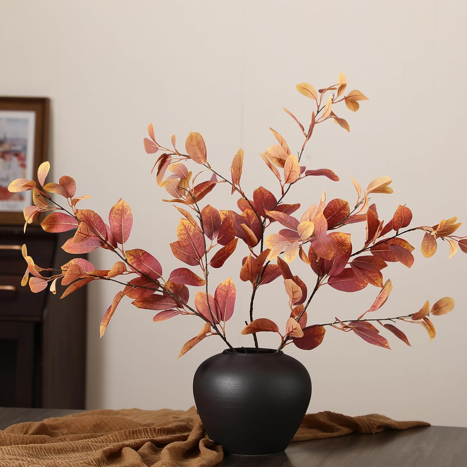 Janinka 33.5" Thanksgiving Stems for Vases Fall Artificial Leaves Decor Thanksgiving Silk Eucalyptus Stems Autumn Fake Greenery Branches for Mantel Farmhouse Table Centerpiece, 3 Pcs(Autumn Red)