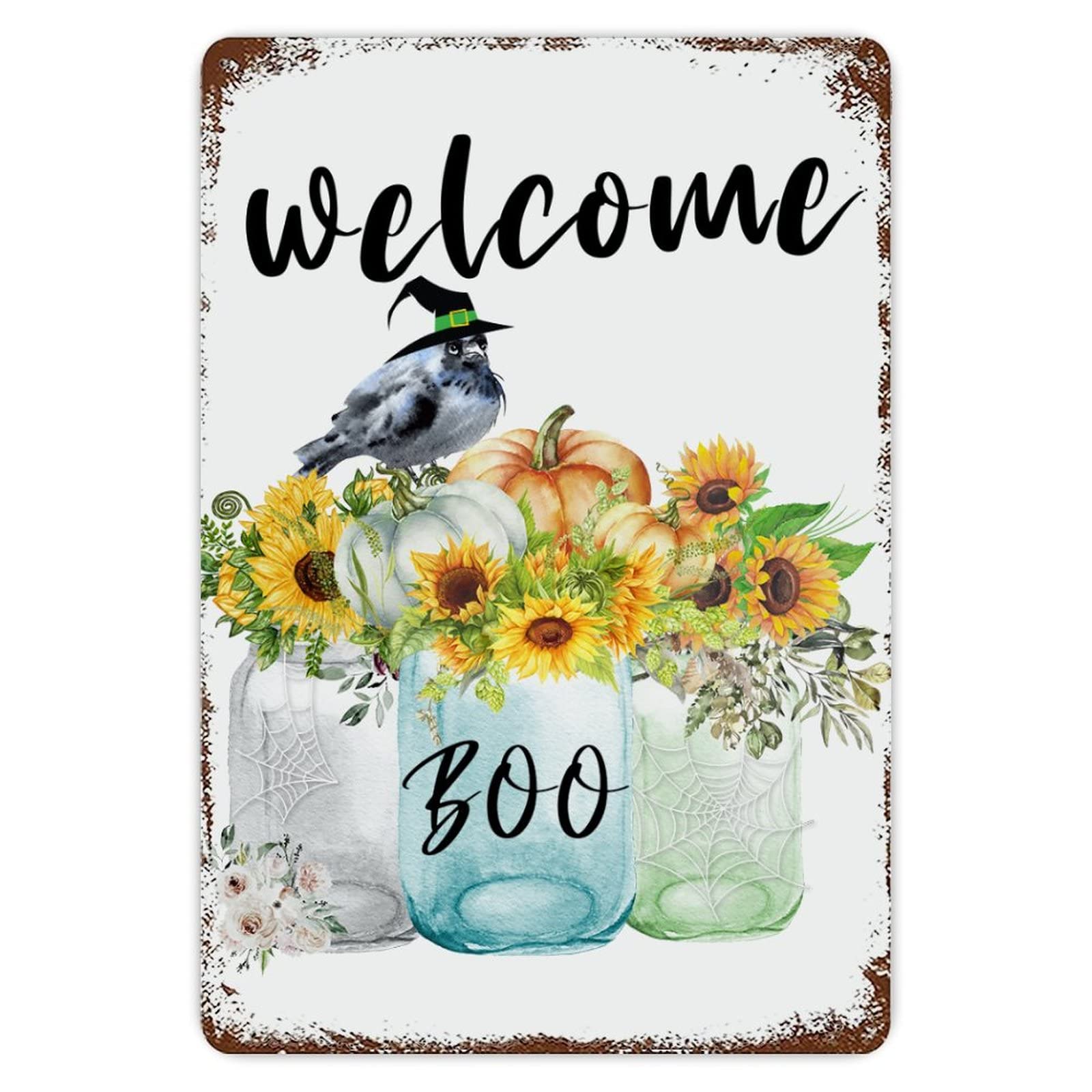 ENEDNATE Farmhouse Man Cave Metal Sign Welcome Halloween Floral Vase Crow Retro Aluminum Tin Metal Signs for Indoor & Outdoor Yard Office Kitchen Living Room Door Home Décor 8x12 Inch