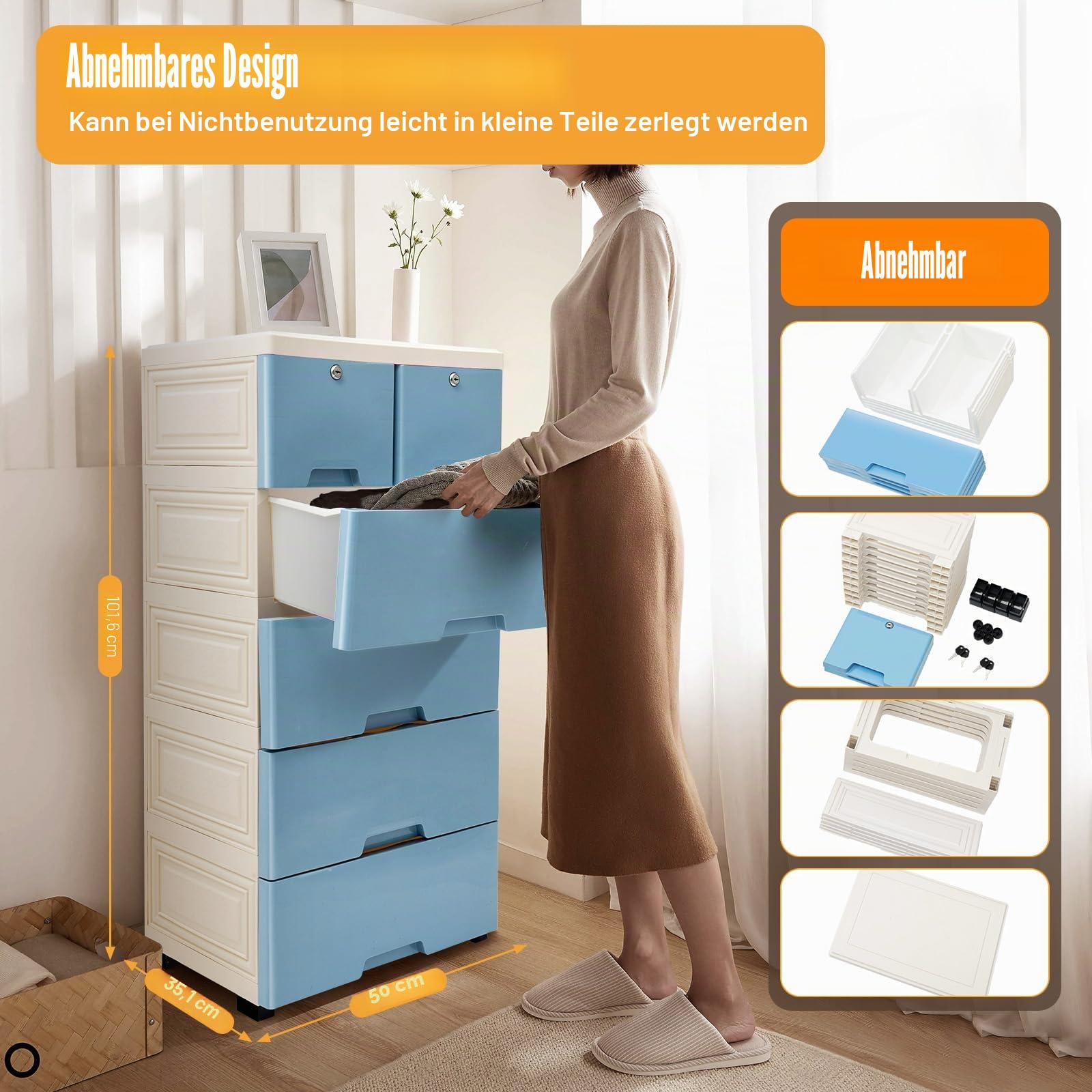 Rollcontainer mit Schubladen, Schubladenschrank 6x Schublade, mit Rollen, Büro Organizer, Schreibtisch Schrank, Rollwagen Unterschrank, Mobiler Schubladenschrank, Aufbewahrungsschrank Office -Blau