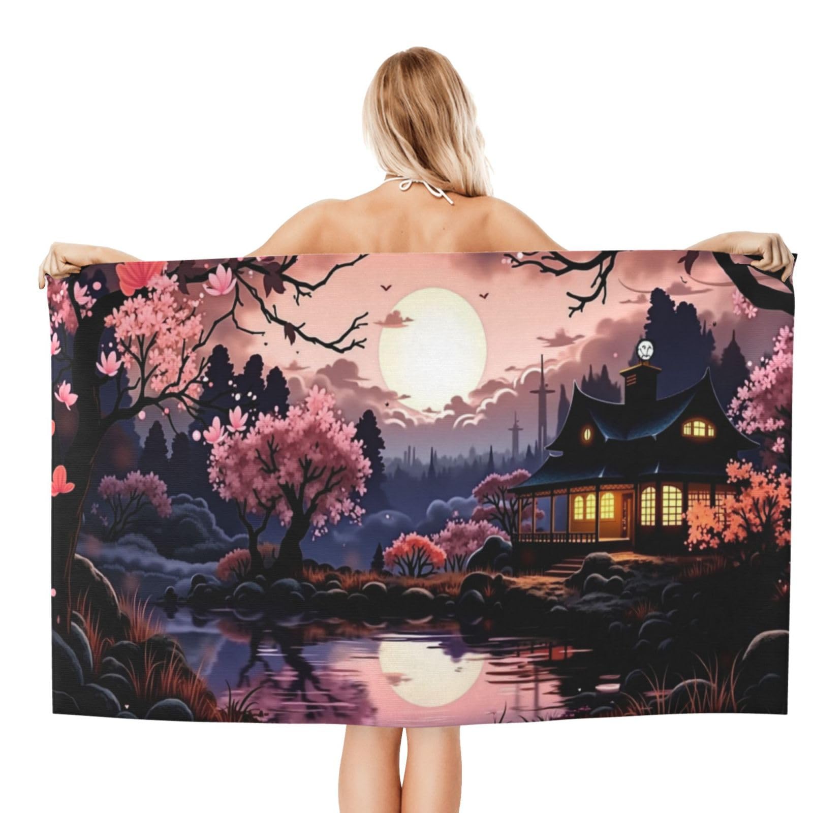 Anceky Beach Towel for Women, Charming Moonlit Cottage Scene Sand-Free Microfiber Ultra Soft Lightweight Bath Towels for Outdoor Bathroom Swimming 32"X52"