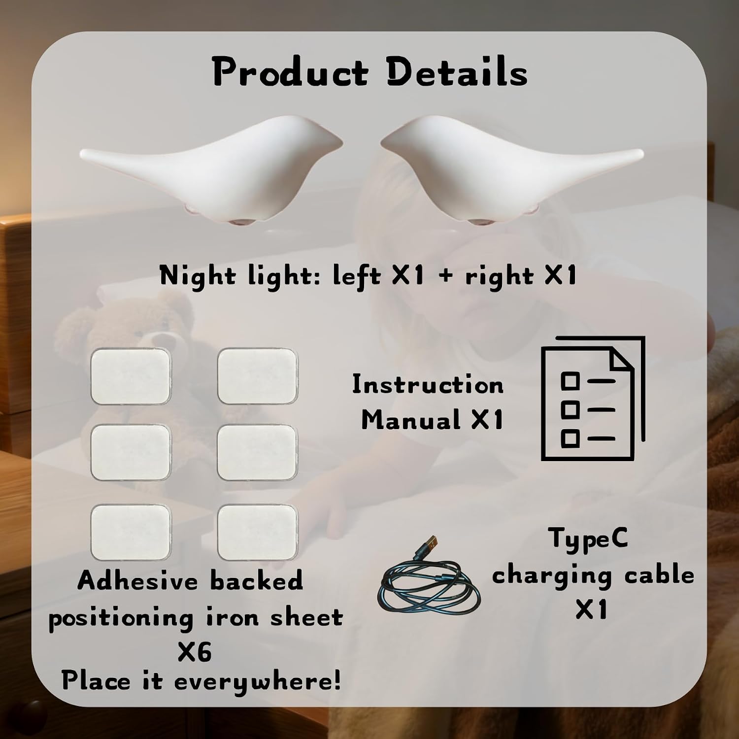 Cute Bird Night Light: Motion Sensor Lights Indoor - Magnetic Mounting & 3 Color Dimmable - One Charge Three Weeks of Worry-Free Use - 2-Pack Set (White)