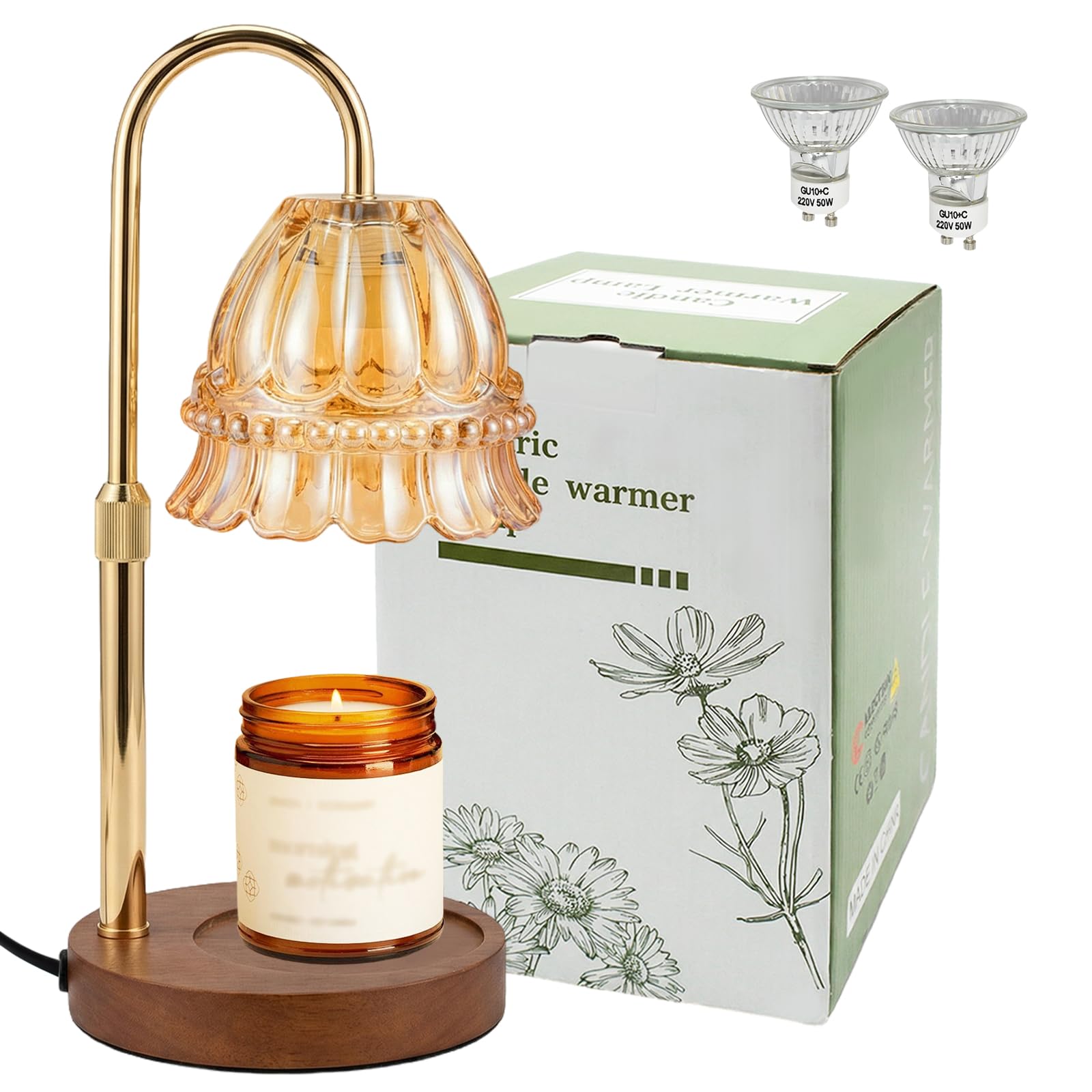 Lámpara Calentadora de Velas, Lámpara Calienta Velas con Temporizador y Atenuador, Candle Warmer Lamp Eléctrico con 2 Bombillas, Vela Lampara Perfumada Altura Ajustable para Hogar Decoración