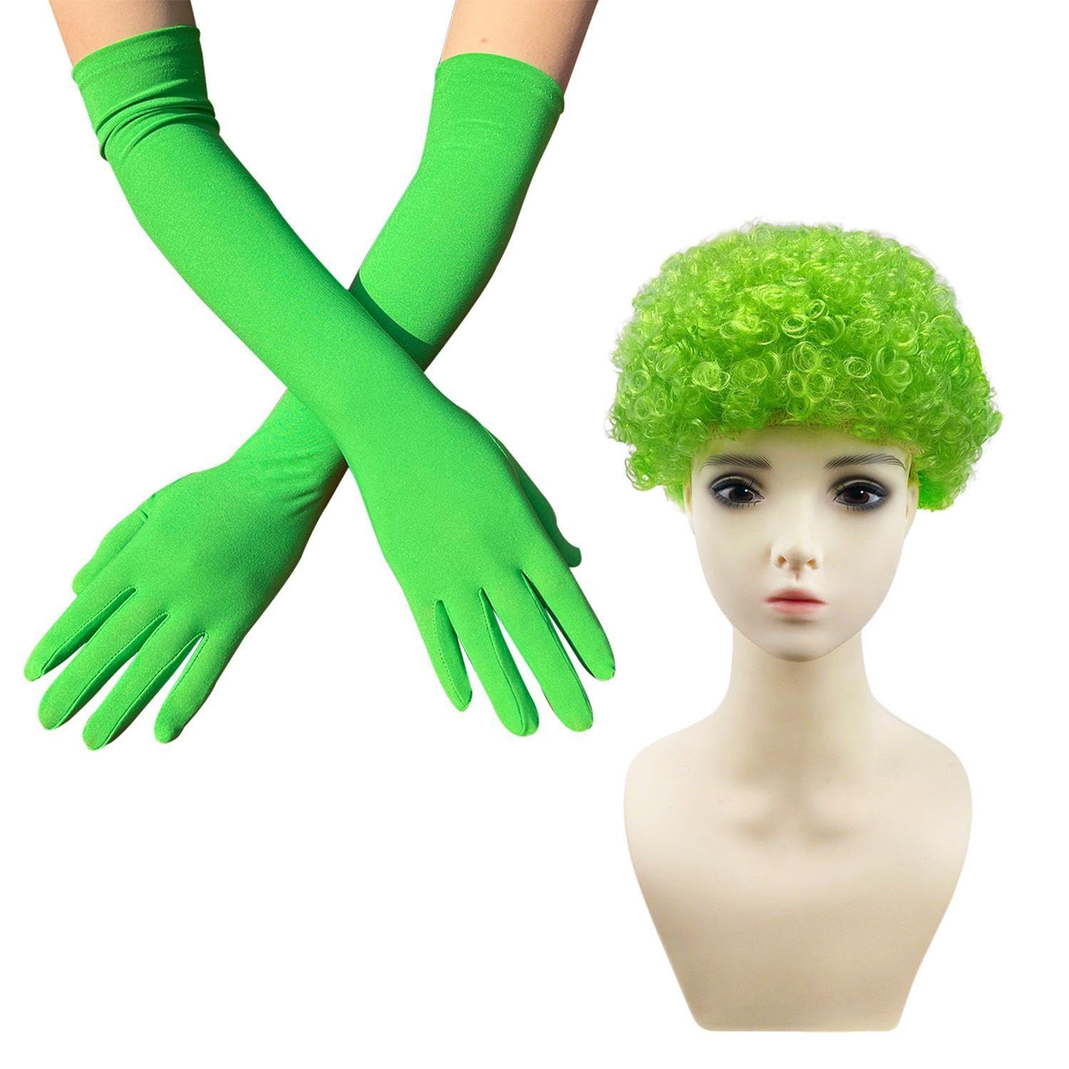 NIDHFG 1 Pair Of Green Long Gloves, 1 Piece Of Explosive Head Wig, Simple And Fashionable, Stage Performance Dress Gloves