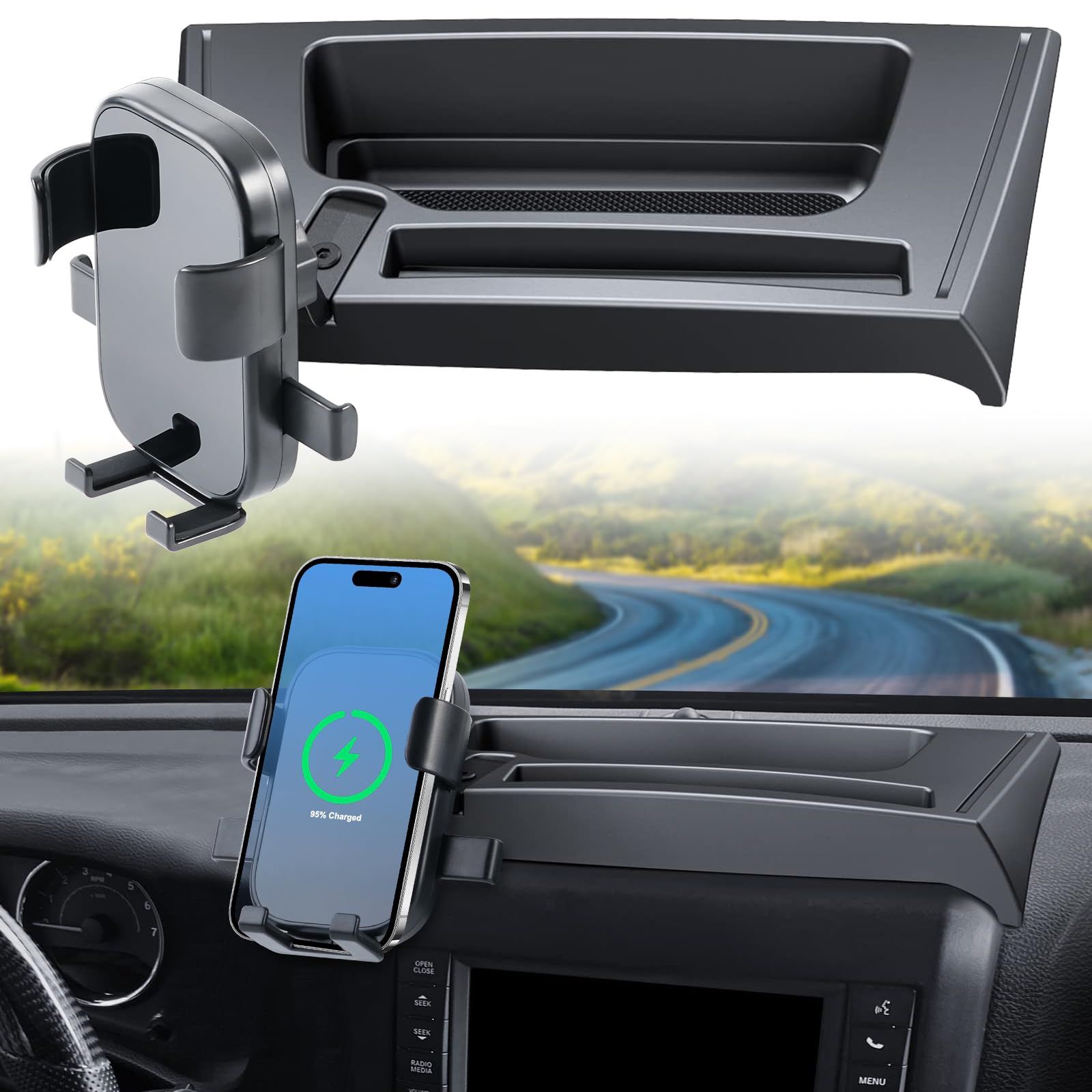 Upgraded Phone Mount for 2011-2018Jeep Wrangler JK Accessories with Wireless Charging Cell Phone Holder Dash Storage Box Tray Compatible Wrangler jk JKU,Kit w/Storage Tray