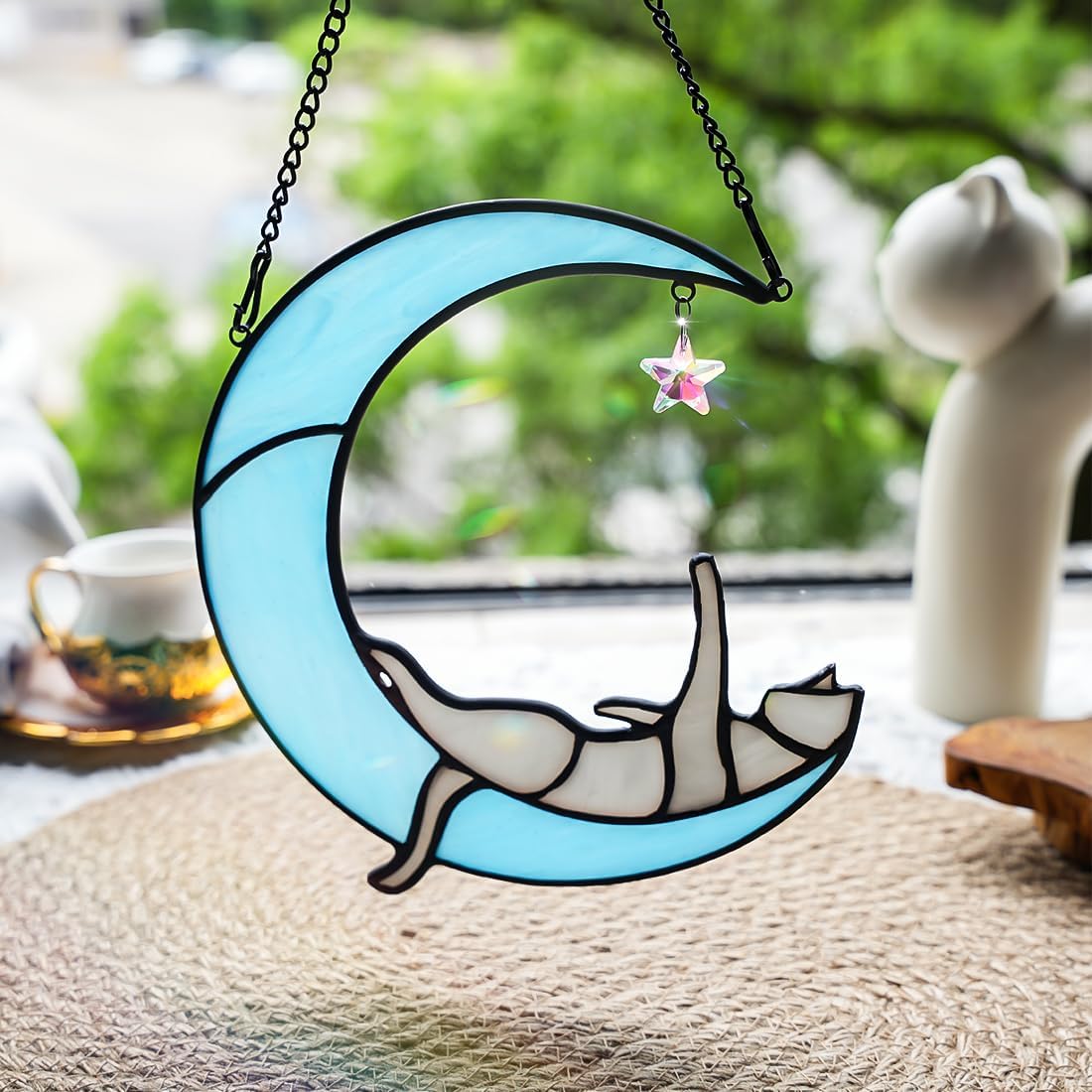 BOXCASA Handmade Gray Cat on Moon Stained Glass Suncatcher - Colorful Crystal Star & Window Hanging Decor for Cat Lovers, (Women, Mom, Grandma) - Image 2