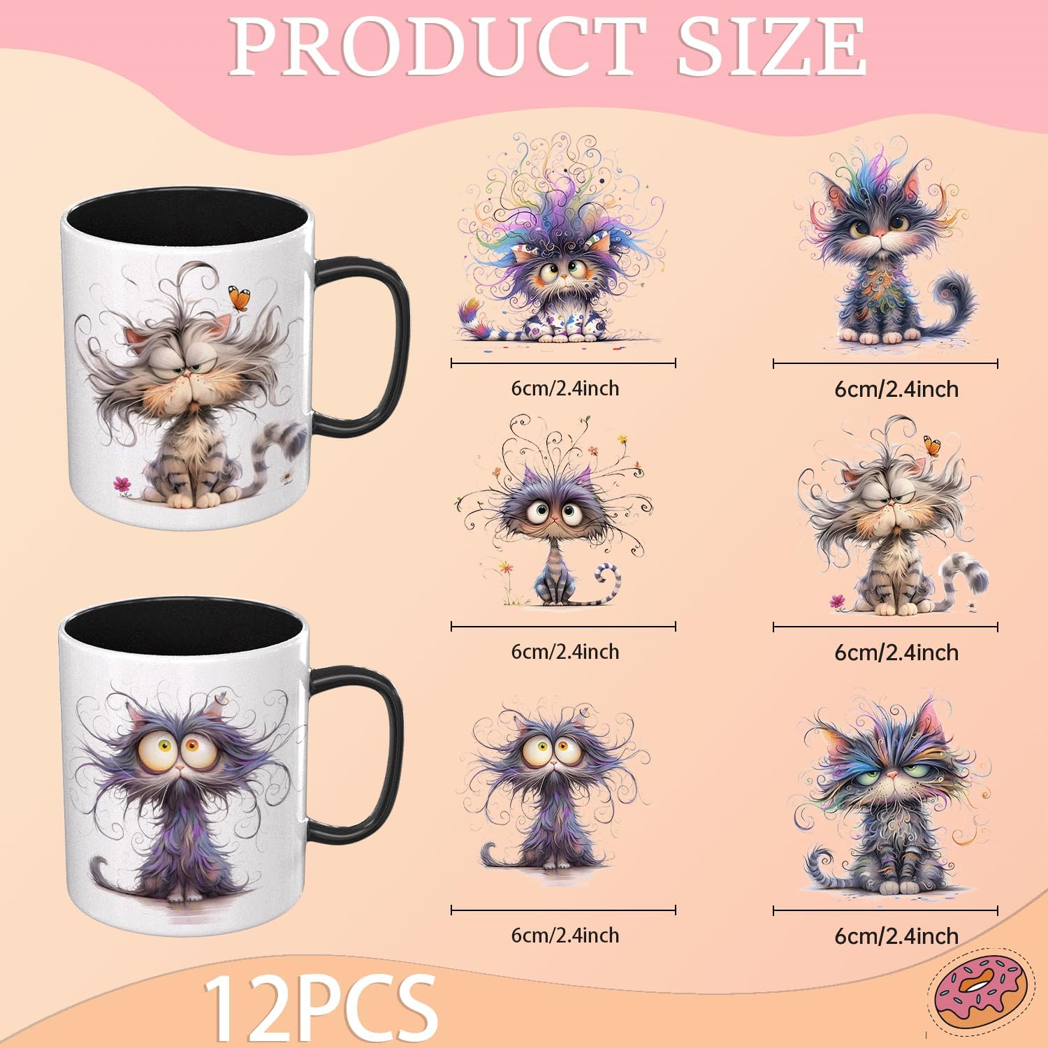 UV DTF Cup Wrap - 12 Sheets Frazzled Cat Cup Wrap Decals - Removable - DIY UV DTF Tumbler Wraps for Mug Cups, Trendy Aesthetic Designs for Teens Adults