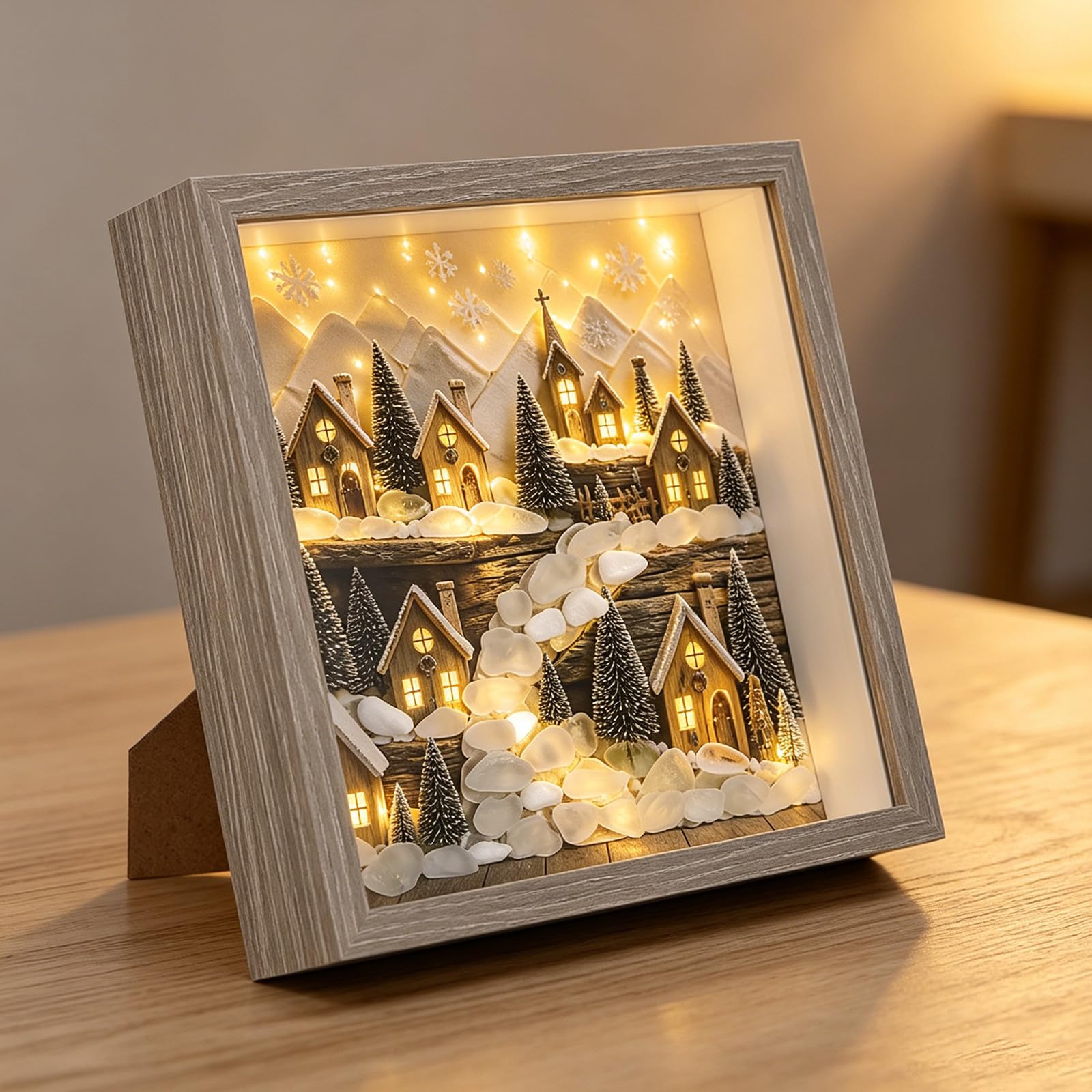 Zerodeko Decoración de pared con diseño de pueblo navideño, marco de fotos rústico iluminado con diseño de pueblo navideño, marco de mesa festivo de invierno, decoración de granja iluminada para