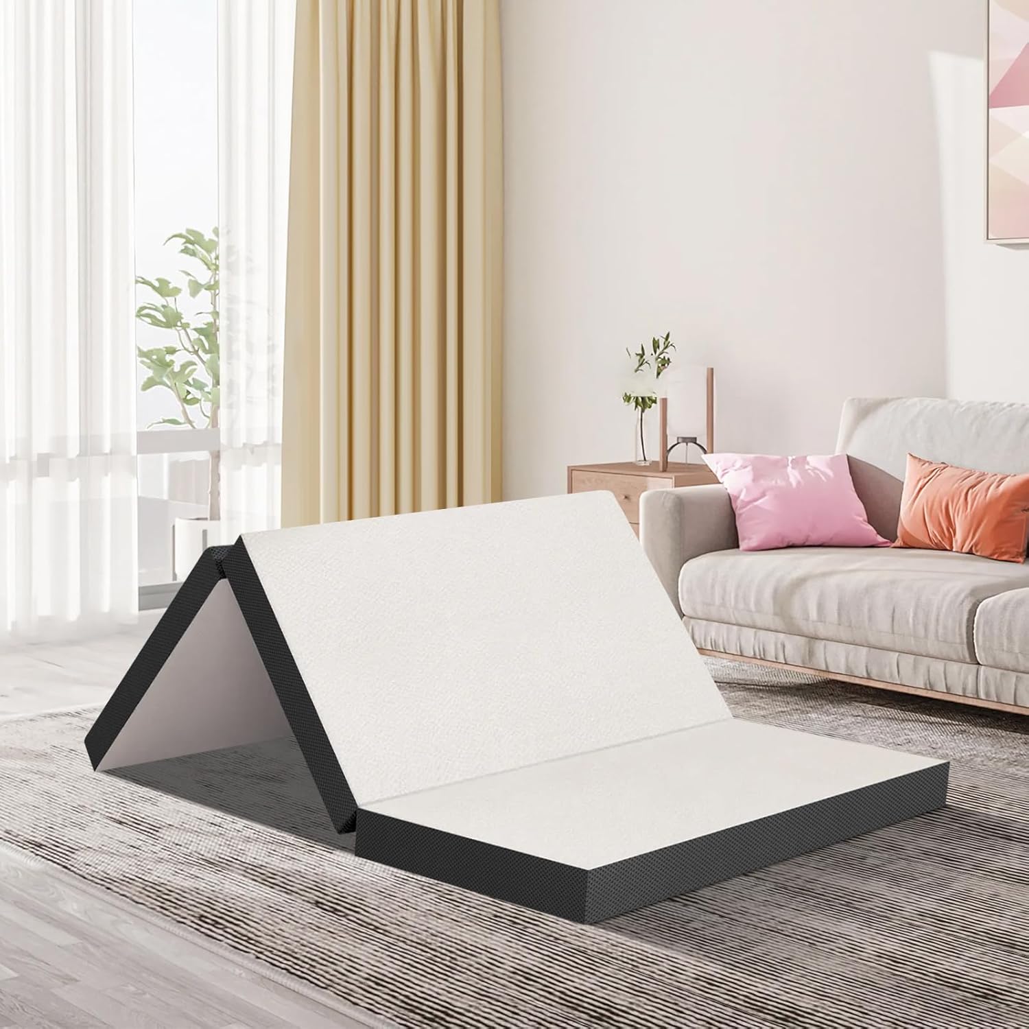 3 inch Folding Memory Foam Mattress Tri Fold Mattress with Washable Mesh Cover, Portable Mattress Topper Non-Slip Bottom Camping Guest Bed Breathable Memory Foam Topper, CertiPUR-US Certified, Full