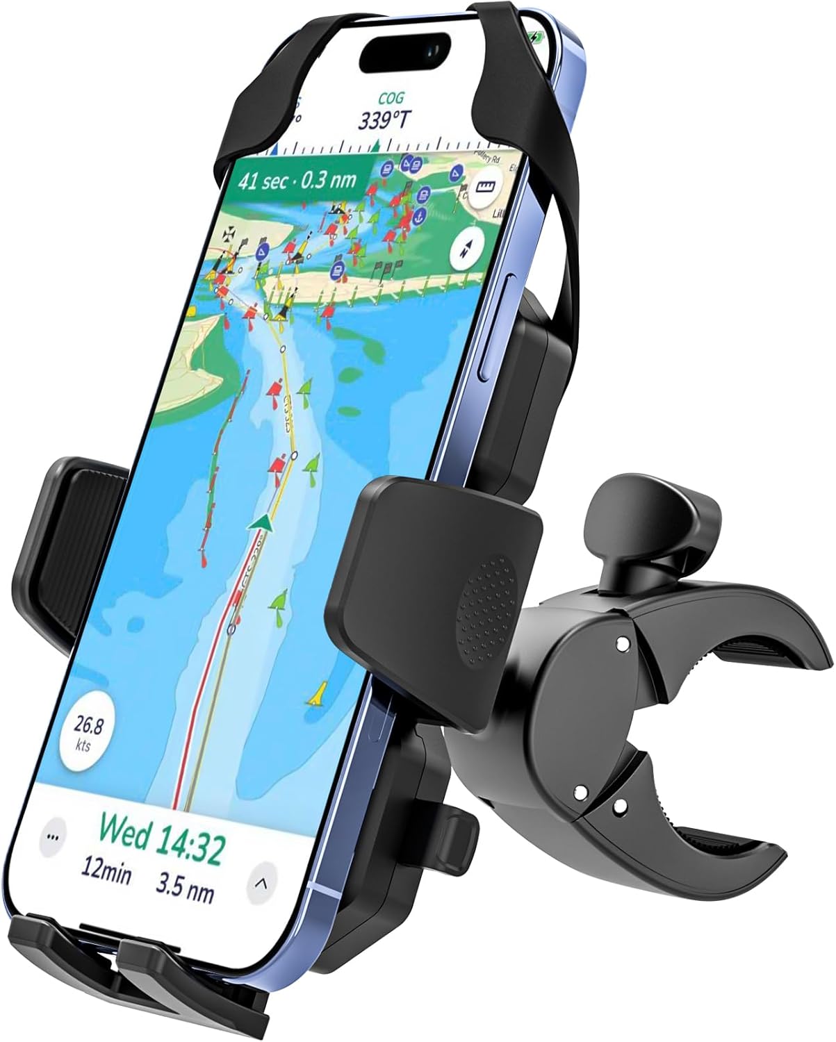 Boat Phone Clamp Mount, [Strap Double Protection] Marine Cell Phone Clip Holder, 360° Adjustable Sailboat Rail Bar Pole Helm Clamp Holder for iPhone 16 15 14 Pro Max, Galaxy, 4-7" Smartphone