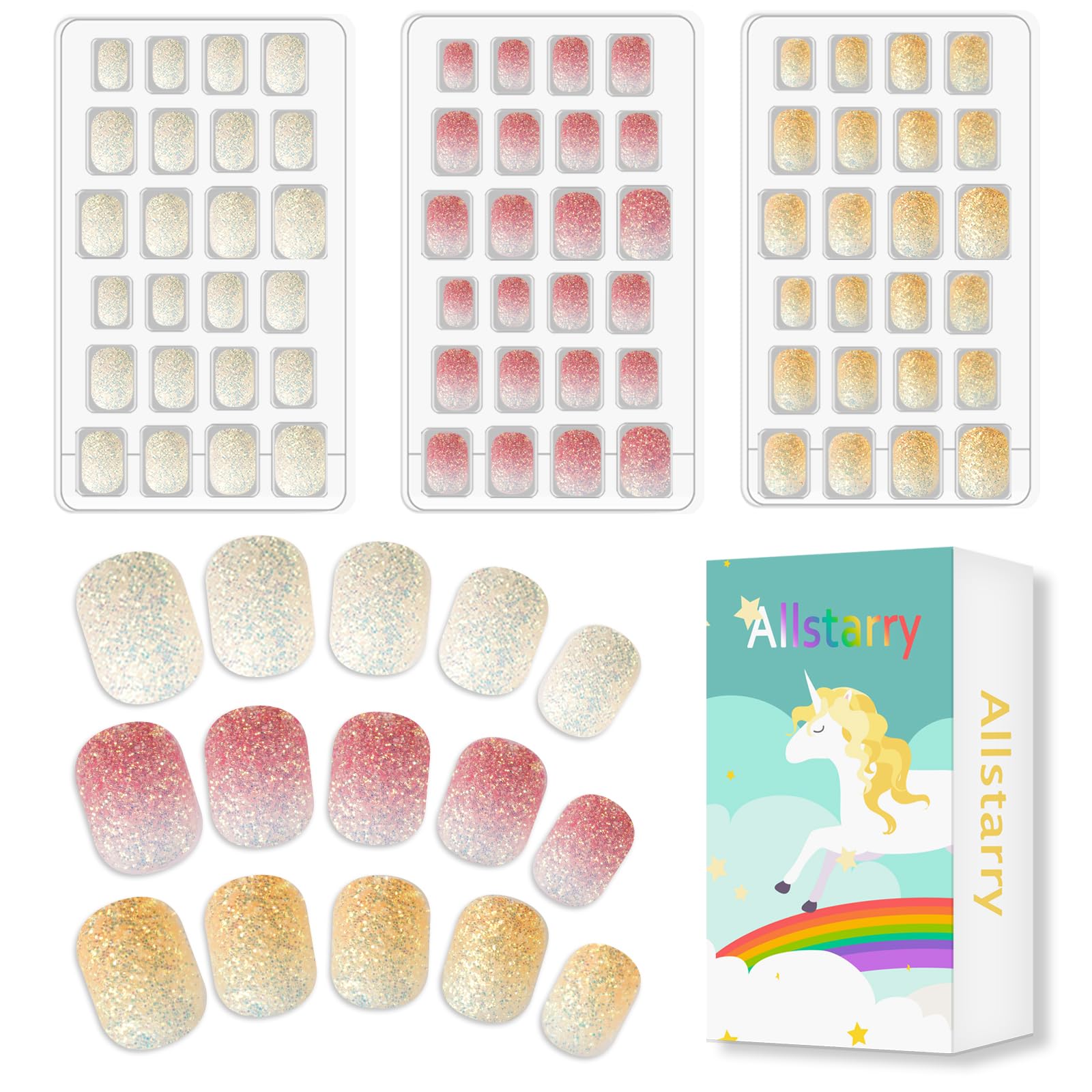 Allstarry 72pcs 3 pack Children Nails Press on Pre-glue Full Cover Glitter Press on Nails Shimmer Nail Short False Nail Kits Lovely Gift for Children Little Girls Nail Art - Shimmer Glitter