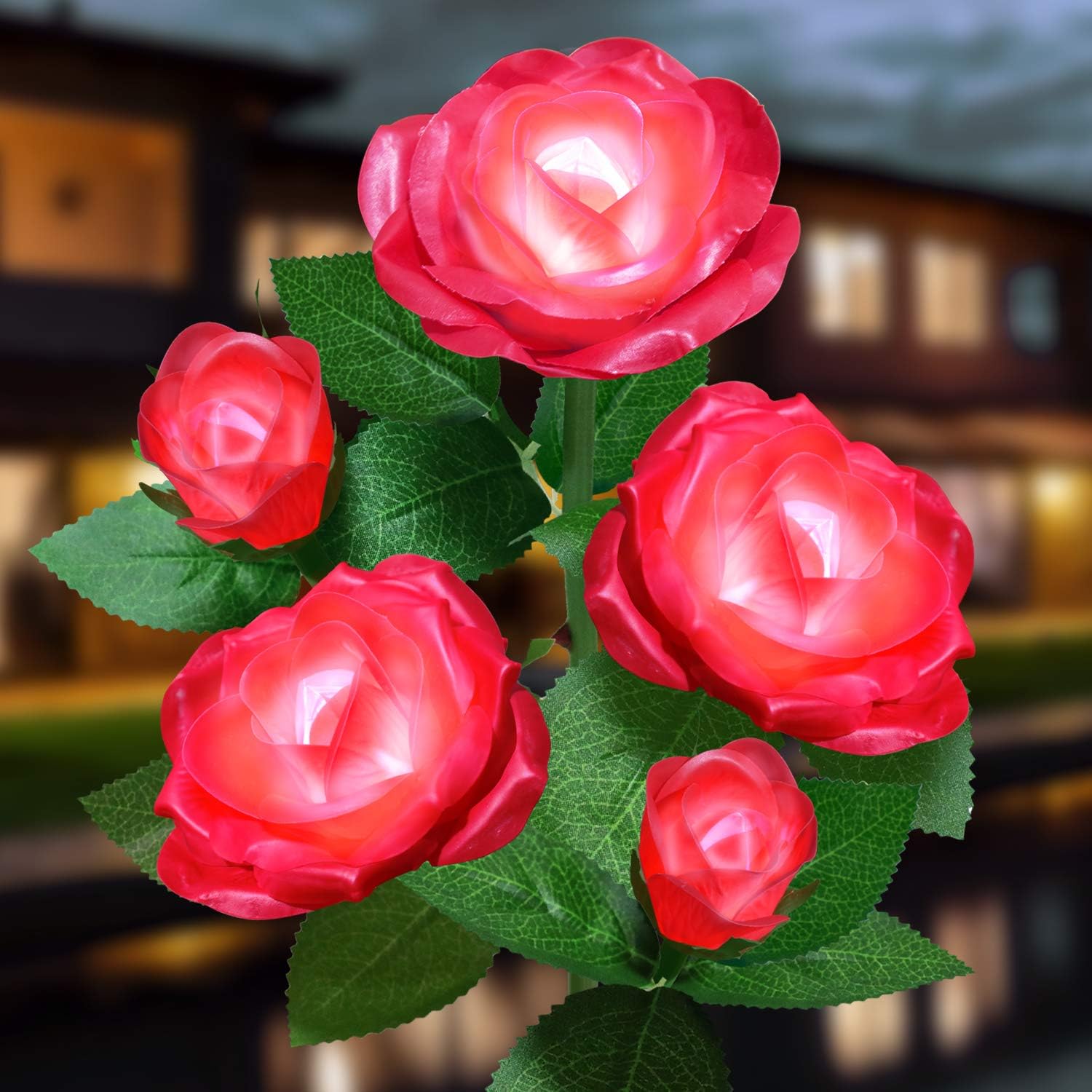 Solar Flower Lights Outdoor - Upgraded New Material Two Modes Realistic LED Solar Powered Waterproof Lights with 5 Roses, Solar Decorative Stake Lights for Garden (Orange, 2 Pack)