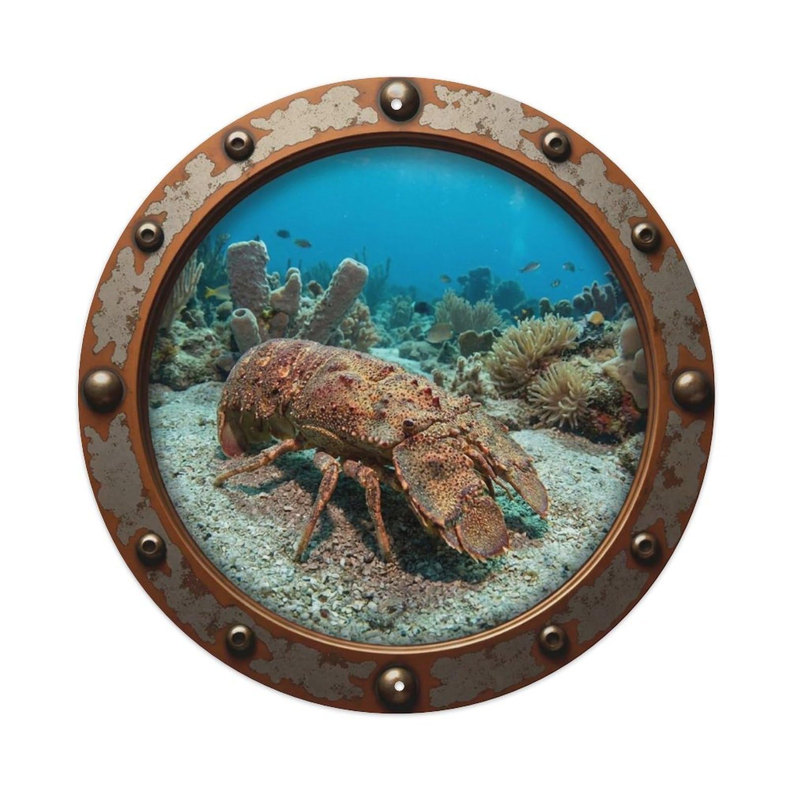 Gead 8X8inch Style Vintage Porthole Slipper Lobster Nautical Window View Metal Tin Sign