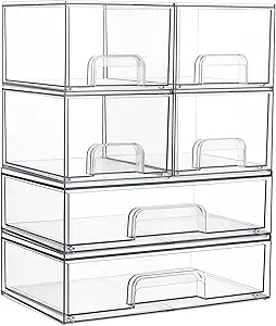 Vtopmart Stackable Storage Drawers Set of 6, Clear Plastic Organizer Bins for Bathroom Supplies,Ideal for Cabinet,Pantry,Laundry Room Organization