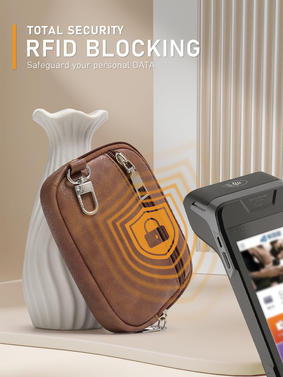 Flowston Leather Keychain Wristlet Wallet RFID Blocking Detachable Small Dual Pouch Wristlet Portable Coin Purse for Women and Men with ID Window Phone Tether Tab