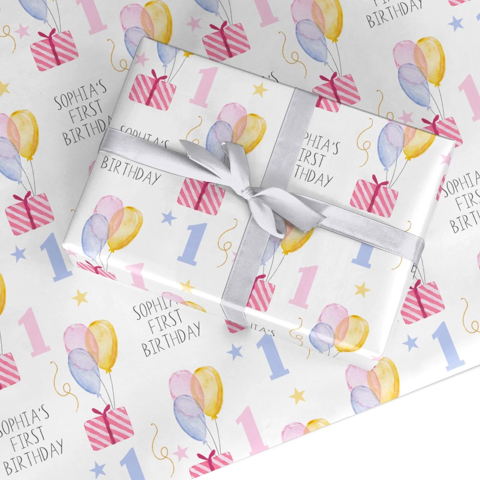 Personalised Girls First Birthday Wrapping Paper β Custom Name & Age Gift Wrap β 1st or Any Age β For Girls, Kids, Women & Adults β Pink Birthday Theme - Small Roll (50cm x 2.2m)