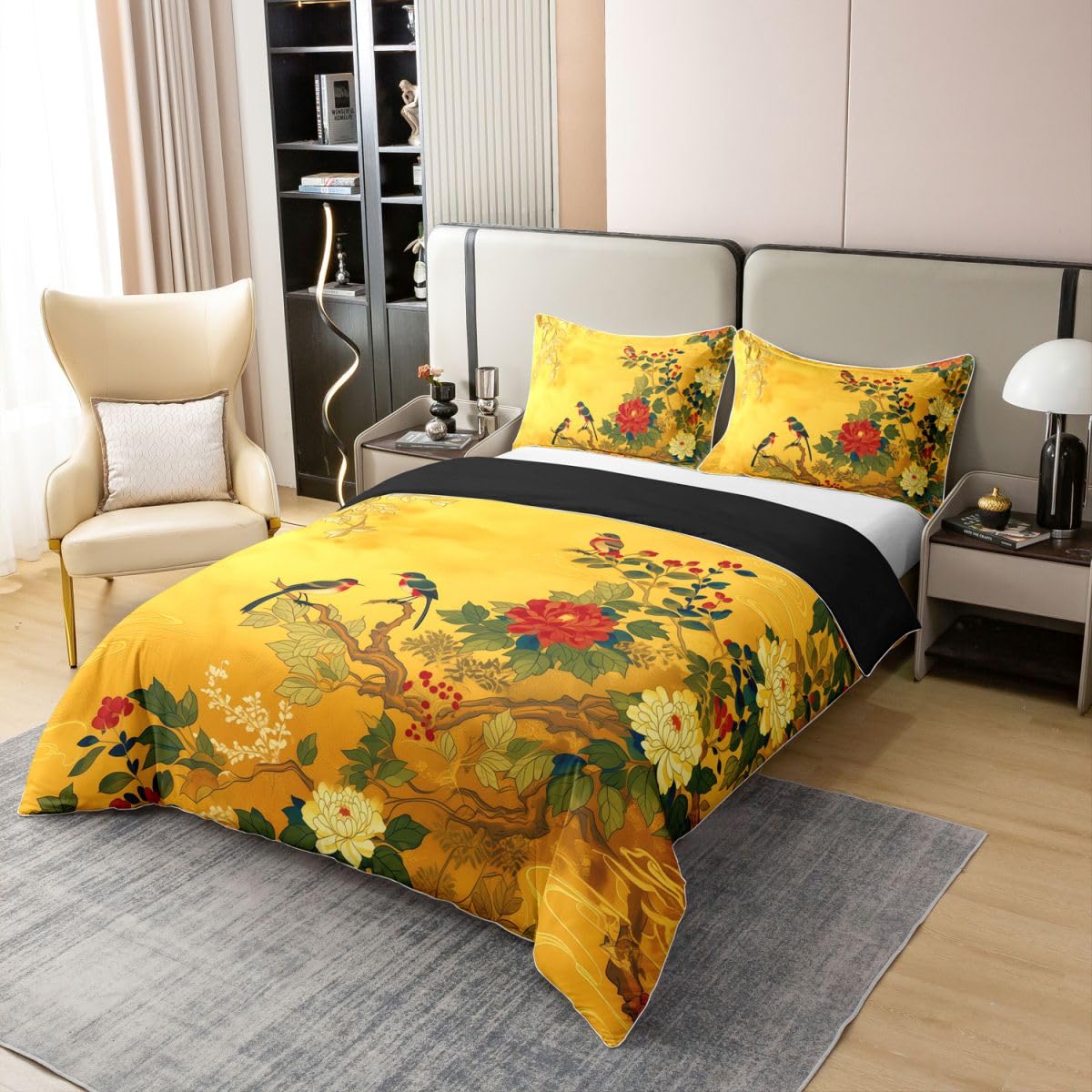 Homewish Coton Housse de Couette 220x240 Enfant Oiseaux Floraux Japonais Parure de Lit Fleurs de Pivoine Vintage Style Ukiyo e Japonais Esthétique Asiatique Orientale Traditionnelle