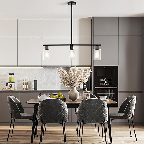 Miniatura 2 de Iluminación de isla de cocina, 3 lámparas de araña de comedor, lámpara colgante negra con pantallas de cristal, lámpara lineal moderna de 31