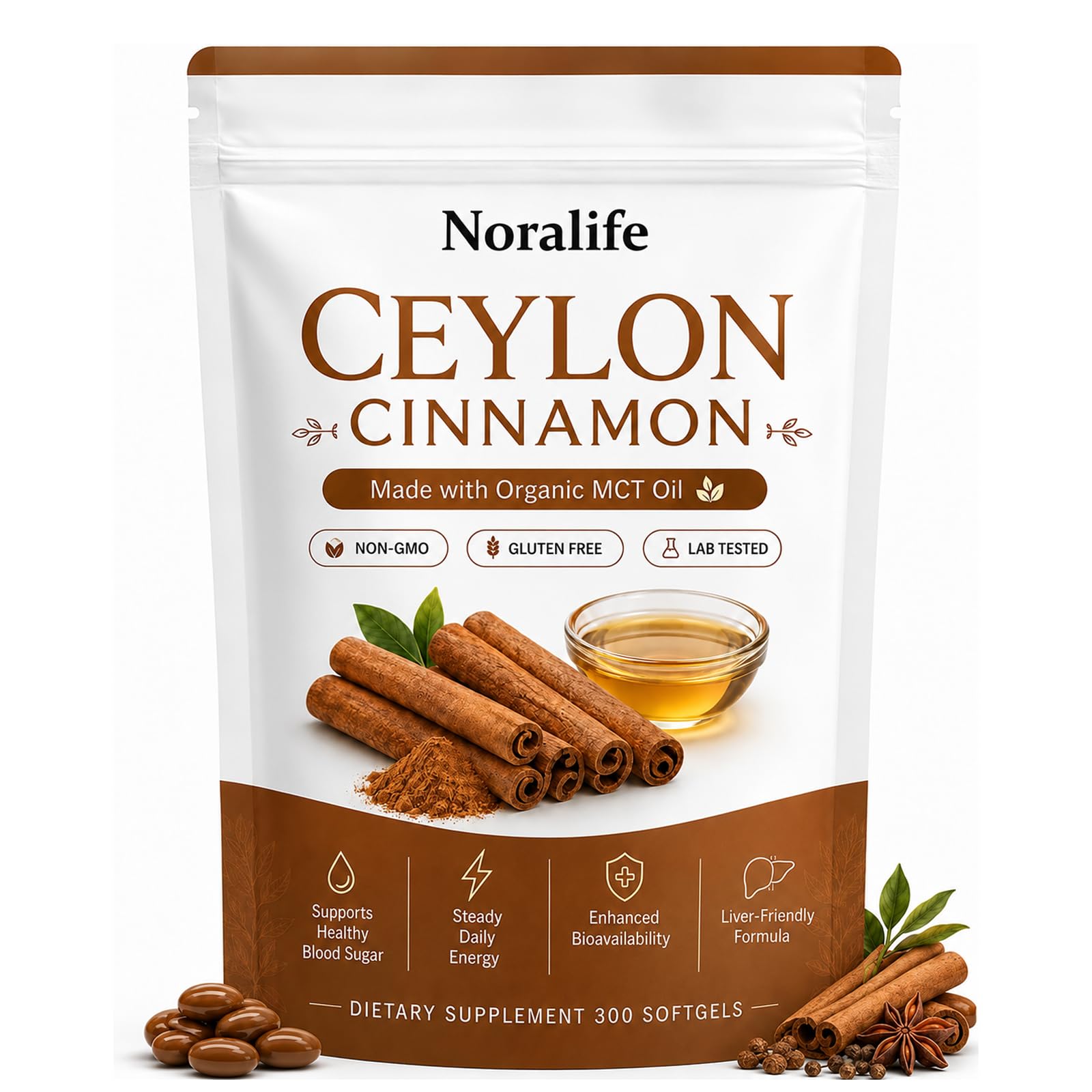 Ceylon Cinnamon Softgels with MCT Oil, Steady Energy & Metabolic Balance Support, Daily Wellness Formula, 300 Softgels