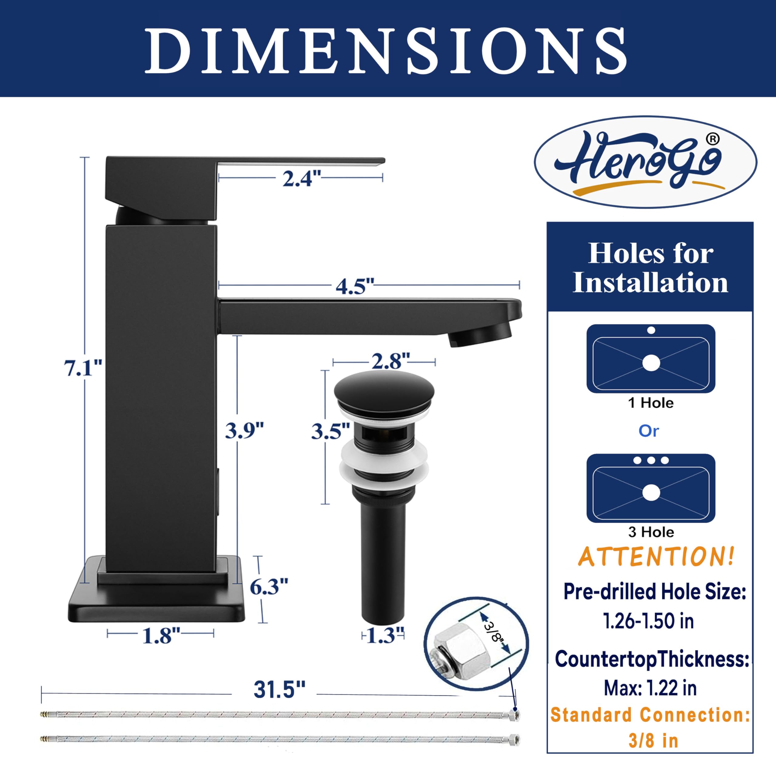 Herogo Grifo de lavabo de baño sin contacto negro mate SUS 304 de acero inoxidable para 3 agujeros o 1 agujero único con manguera, placa de cubierta de 6 pulgadas y drenaje desplegable