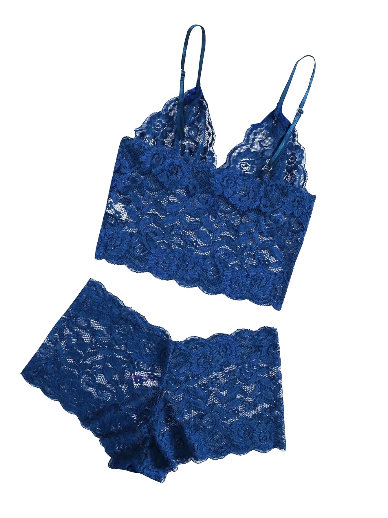 Lilosy Sexy Sheer Floral Lace Pajamas Lingerie Set High Waist Sleepwear Bra and Panty 2 Piece Nightwear: X-Large Dark Blue
