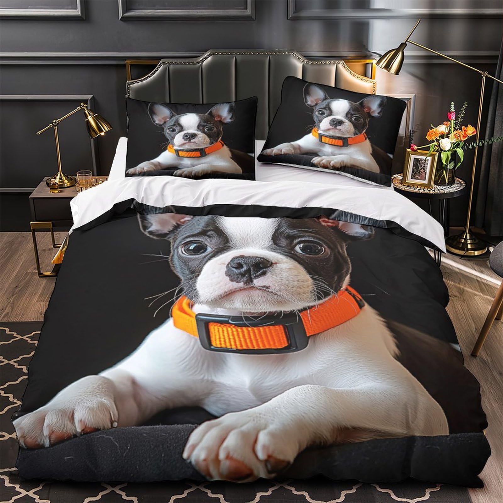 Housse de couette chiot parure de lit 135x200 drap microfibre hypoallergique fermeture éclair noir blanc