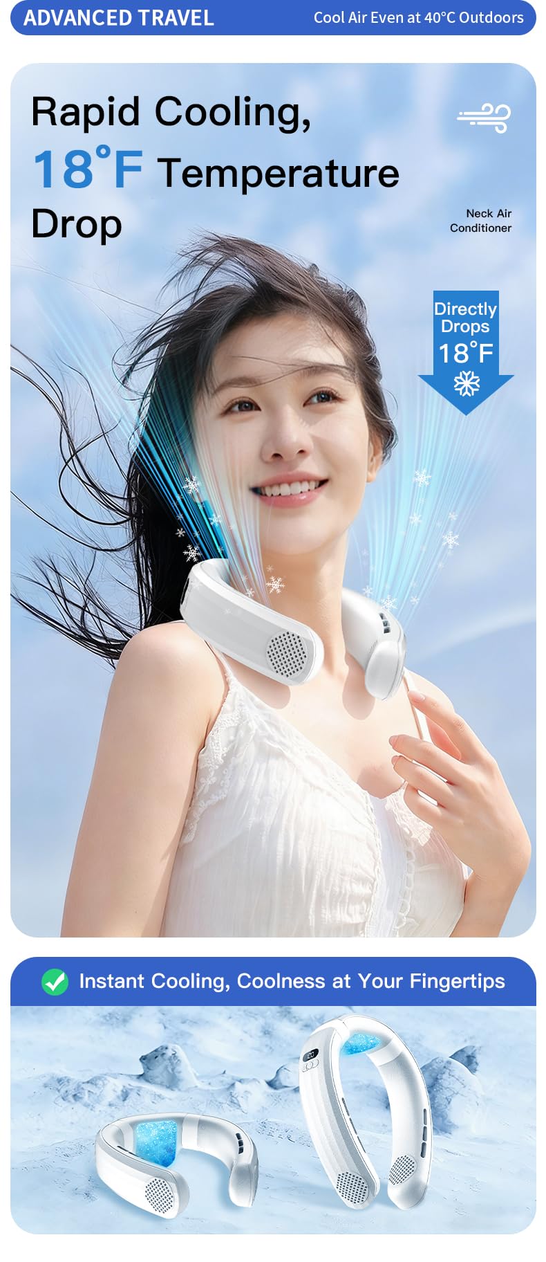 Ventilador de cuello de refrigeración recargable multifuncional, ventilador de cuello colgante silencioso portátil, tres modos de compresión fría/velocidad del viento.
