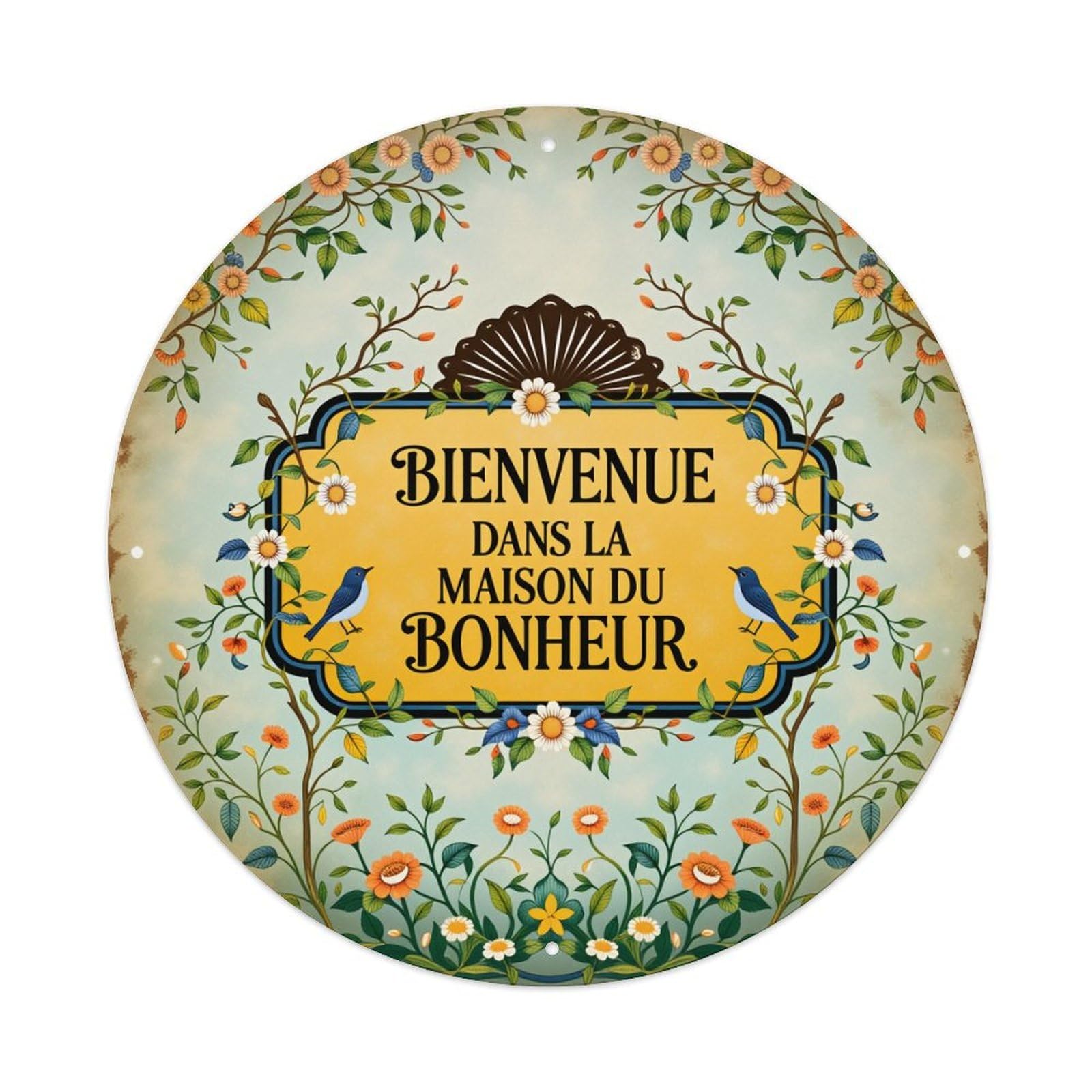 Floral Birds And Sunflowers Pattern With Welcome Sign Round Vintage Tin Sign,Retro Wall Art,Metal Poster for Home, Bar, Garage, Cafe, Rustic Indoor & Outdoor Decor, 8x8 Inches