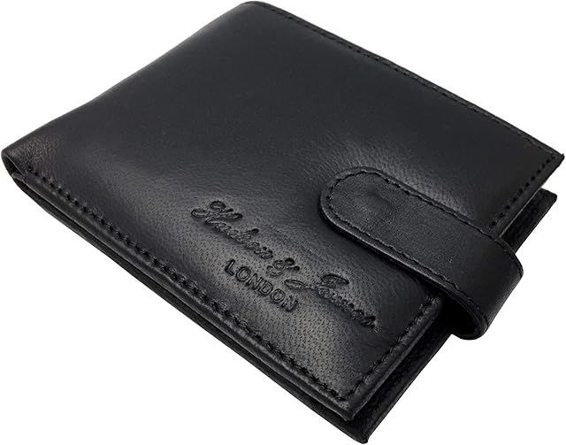 Designer Hudson & James London Real Leather Mens Wallet Credit Carder Holder Bifold Purse with Gift Box (Jet Black)