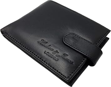 Hudson & James Designer London Real Leather Mens Wallet Credit Carder Holder Bifold Purse with Gift Box Jet Black