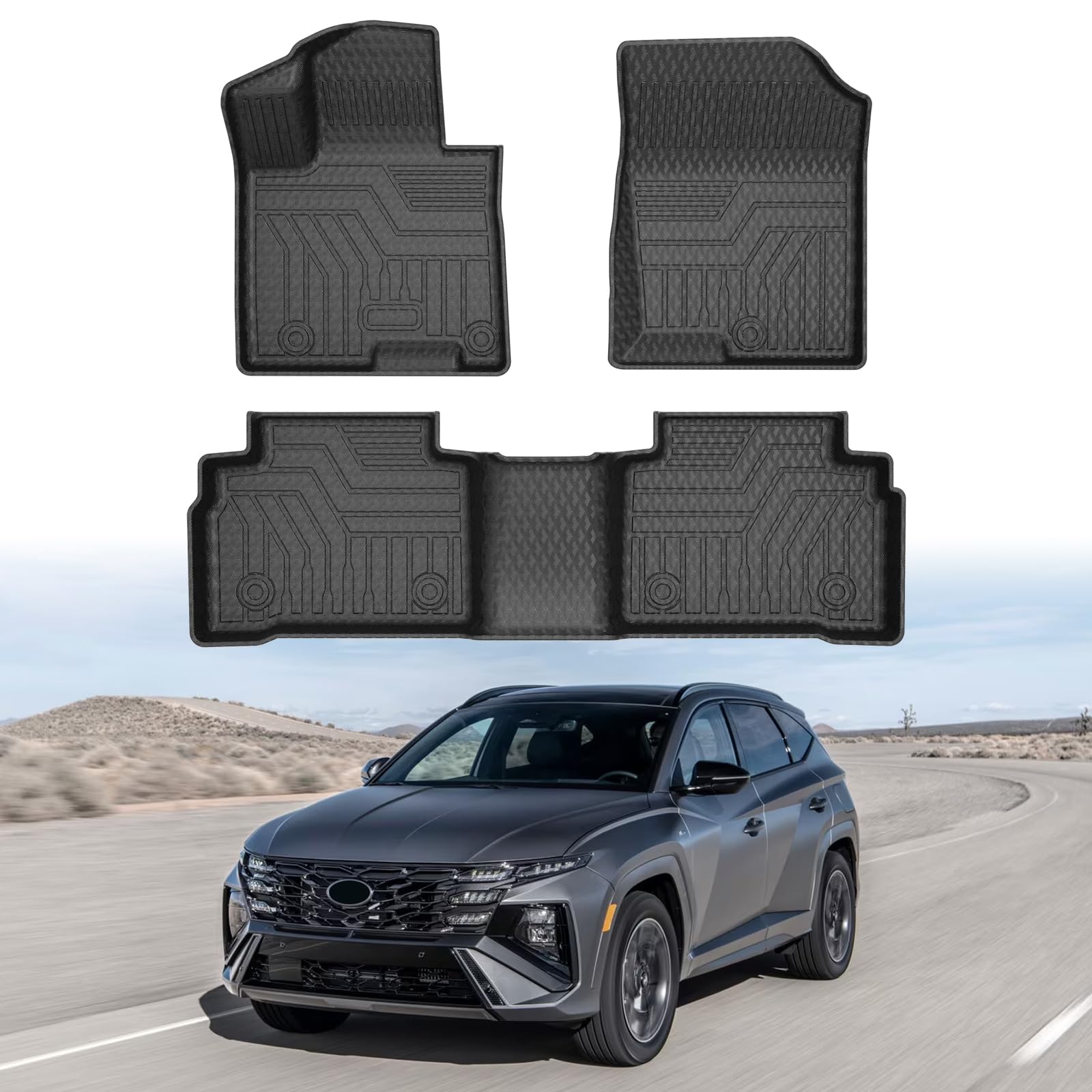 Custom Fit 3D Floor Mats For Hyundai Tucson 2022-2024 - All Weather, Heavy Duty, Black TPE Mats (1st & 2nd Row Set) - View #11
