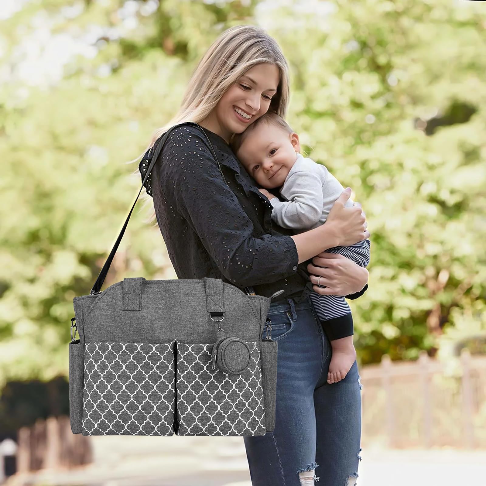 Sac à langer pour bébé - Grand sac à langer avec bandoulière et poche à tétine - 15 poches - Imperméable - Portable - Sac de voyage multifonction pour couches et accessoires pour bébé