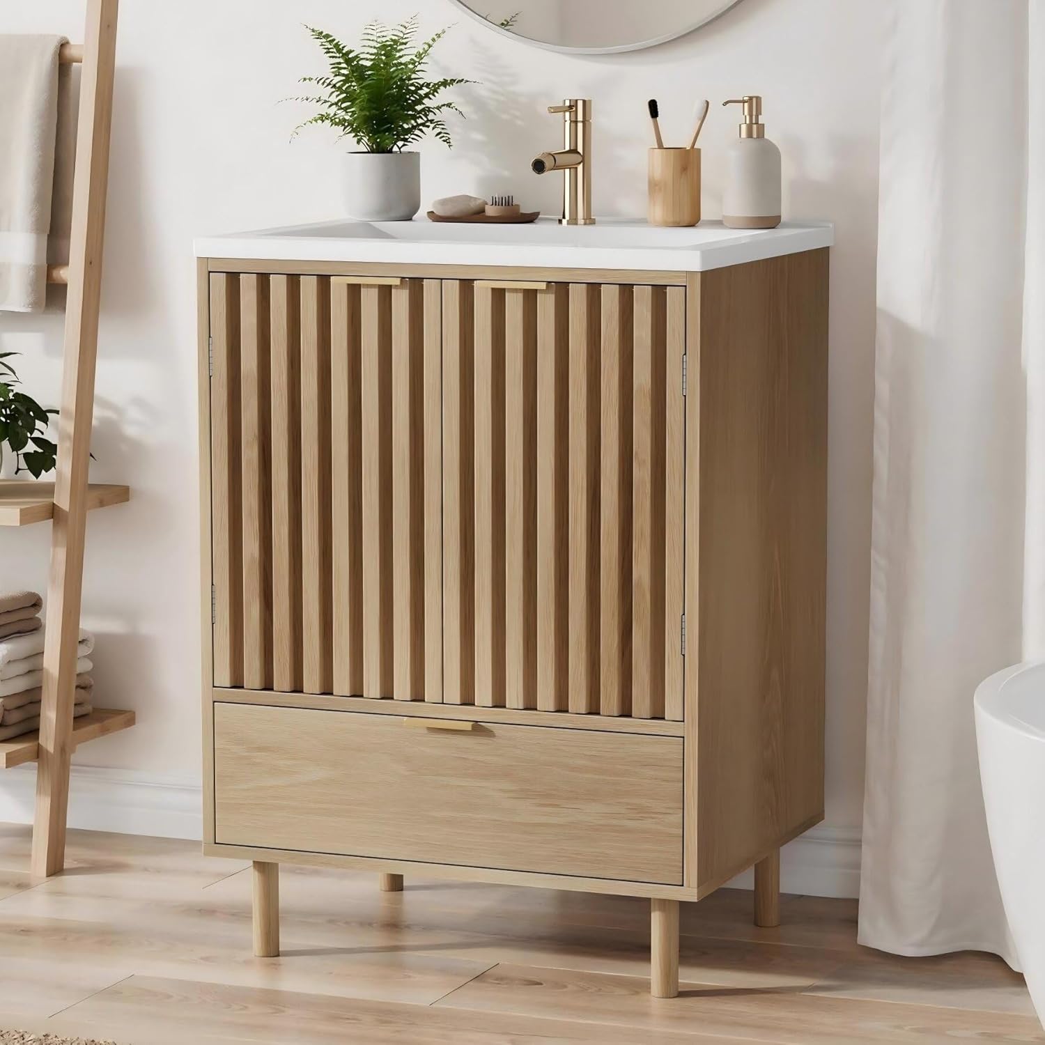 24 Inches Bathroom Vanity with Sink, Modern MDF Small Bathroom Sink Cabinet Combo Set with Fluted Soft-Close Doors,Smooth Storage Drawer. White Resin Sink Combo Set (Oak)