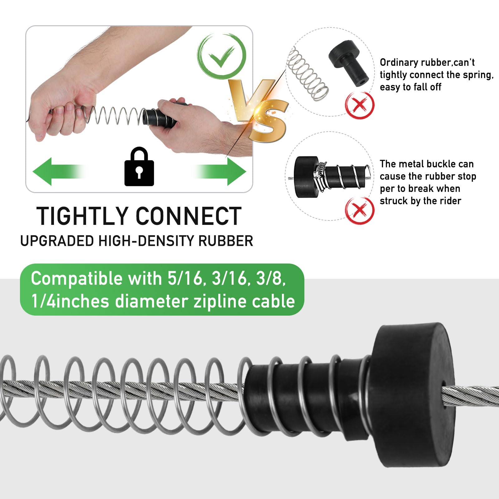 Zipline Frein à ressort 2 m, frein à zipline en acier inoxydable à haute résistance, système de freinage à fermeture éclair robuste, pour câbles de 3/16 1/4 5/16 3/8"