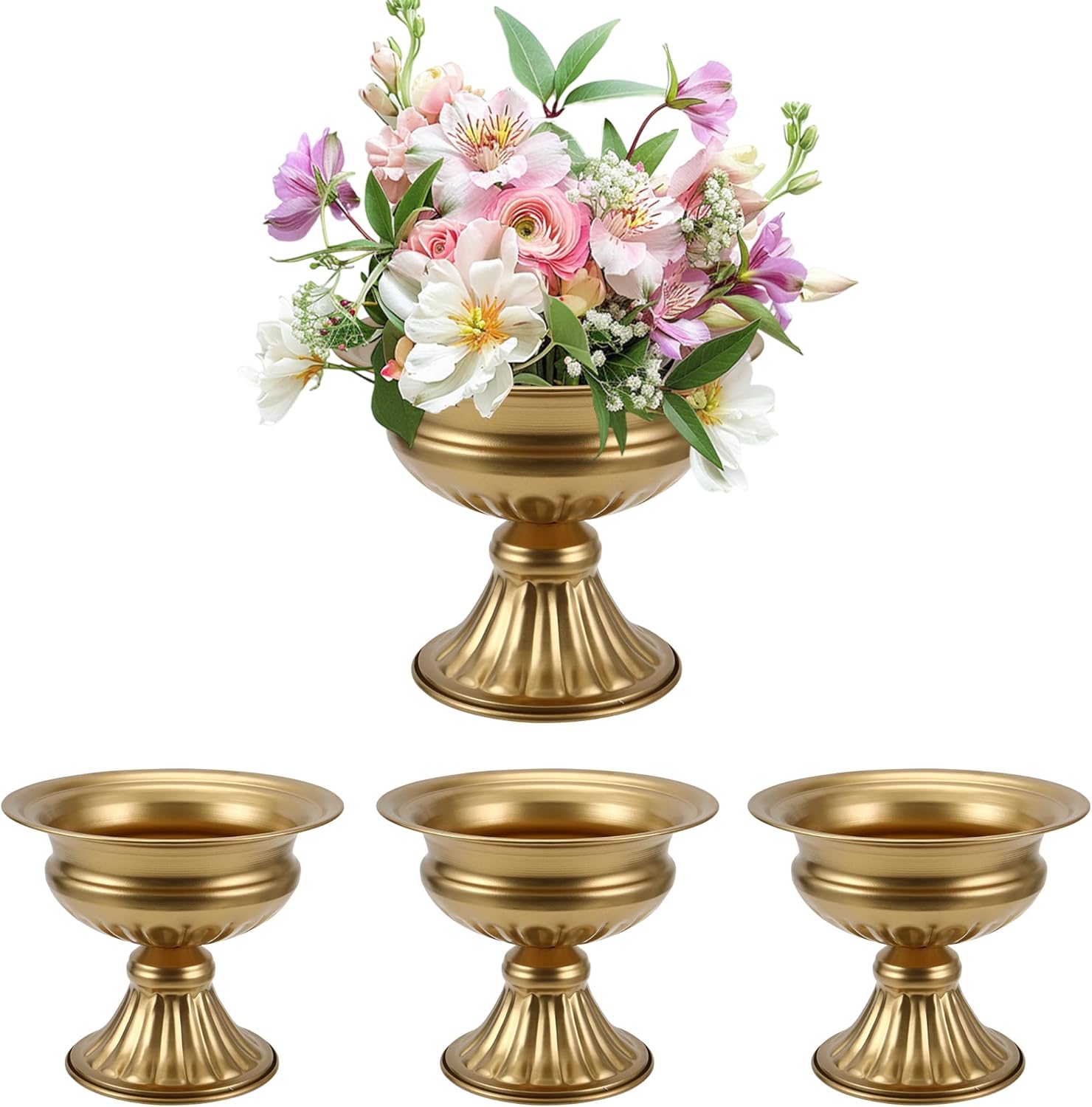 MCMCNCUIU Gold Vases for Centerpieces, Set of 4 Vintage Urn Vase, Small Pedestal Vases for Wedding Centerpieces, Gold Metal Vase for Wedding Table, Party, Home, Anniversary Decoration, 6.6 Inches