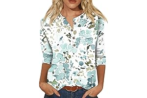 Womens Loose Fit 3/4 Sleeve Tops Casual Button Down Summer Shirts