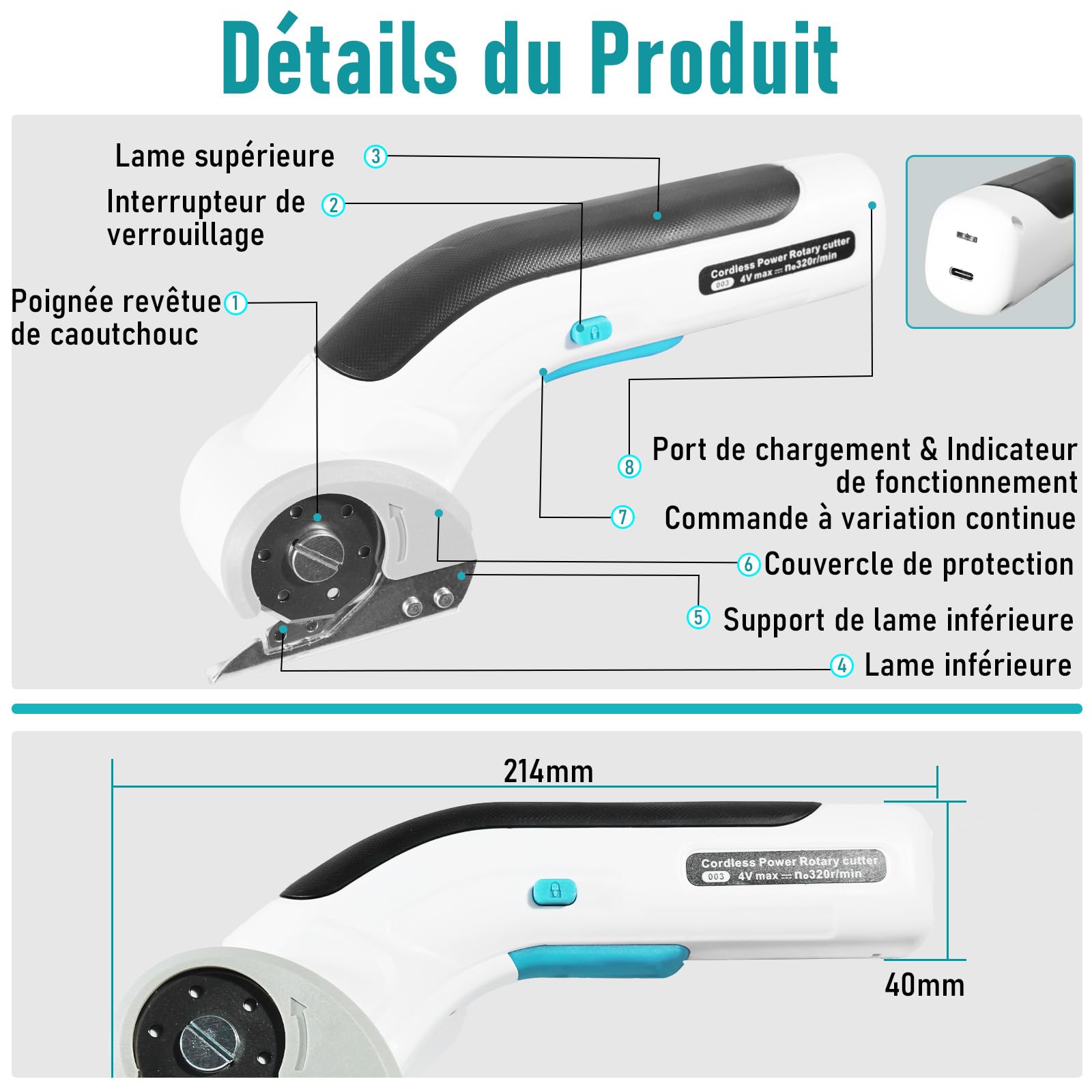 Cutter pour Carton 3,7 V Ciseaux Électriques, Cutter pour Carton Électrique avec Batterie 2000 mAh,Cutter Rotatif Universel sans Fil avec 2 Lames Auto-affûtantes pour Moquette,Cuir et Feutre