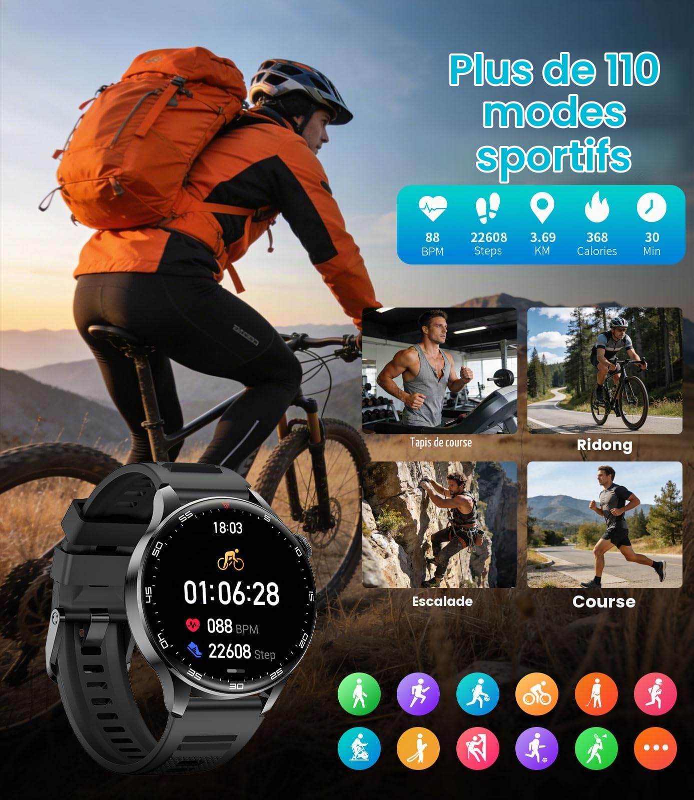 Montre Connectée Homme avec Appel Bluetooth, 1,7" Grande Écran Smartwatch avec Torche LED/800mAh/IP68 Étanche/100+ Modes Sportifs/Fréquence Cardiaque, Sommeil Moniteur pour Android iOS, Noir-Silicone