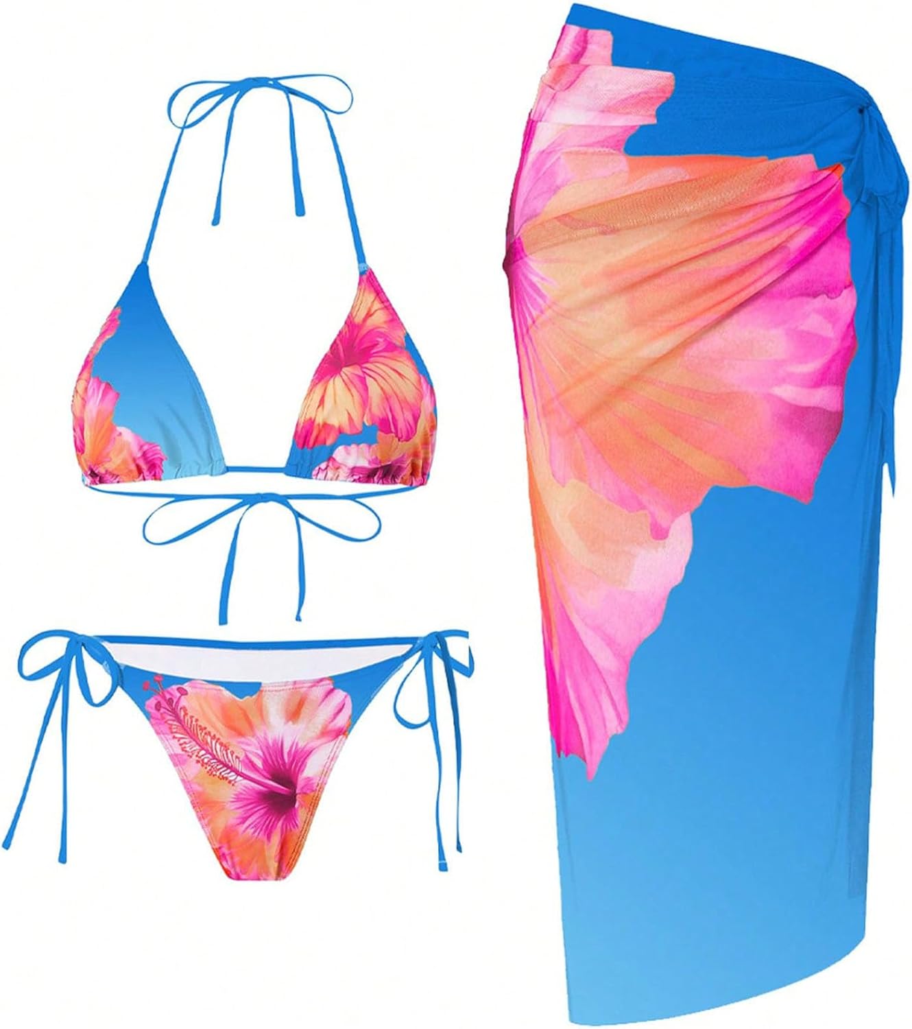 ZAFUL Women's 3 Piece Swimsuit Floral Halter Triangle String Bikini Tie Side Bottom with Boho Cover Up Skirt