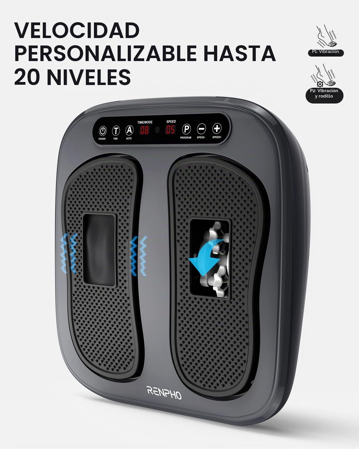 RENPHO Masajeador de pies vibratorio con 20 niveles de vibración | 5 modos, 3 temporizadores automáticos, almohadilla de silicona lavable, ideal para relajar pies y pantorrillas, regalo hombre