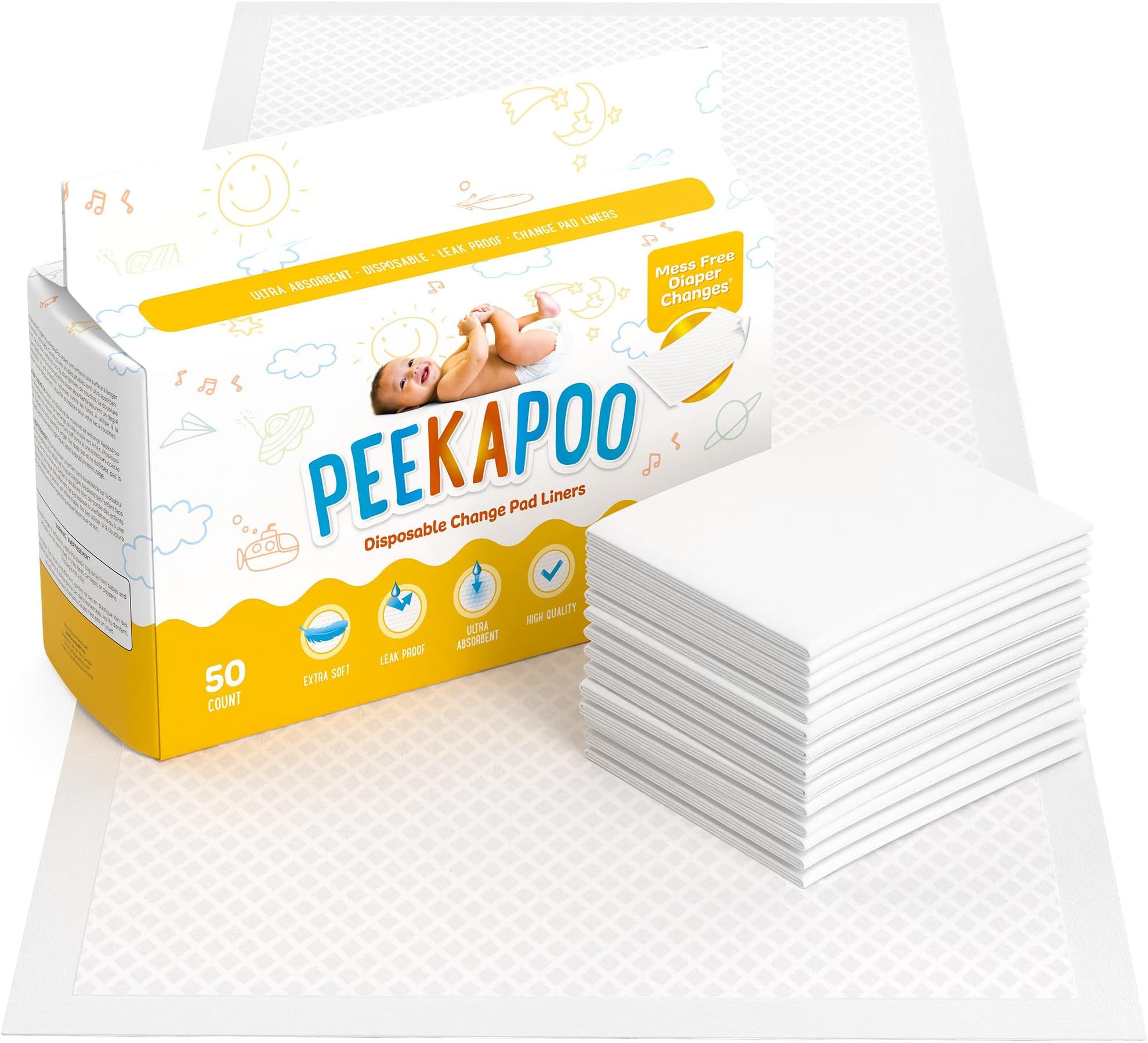 Peekapoo - The Original Disposable Baby Changing Pad Liners – 50 Pack | Super Soft, Waterproof, Ultra Absorbent | Portable, Travel-Friendly, Mess-Free Diaper Changes Anywhere