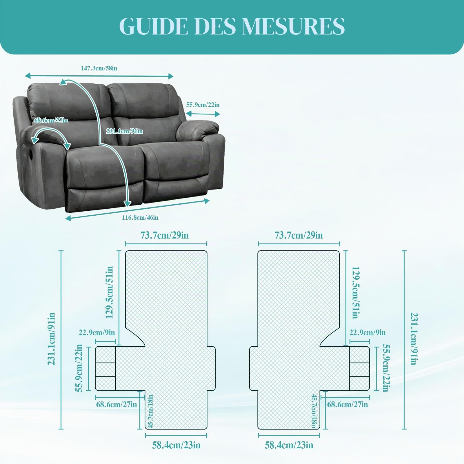Housse de Fauteuil inclinable 2/3 Places, 100% imperméable Housse de Canapé Antidérapant Protecteur pour Meubles de Salon Contre Les Chiens, Animaux et Enfants (Gris,2 Places)